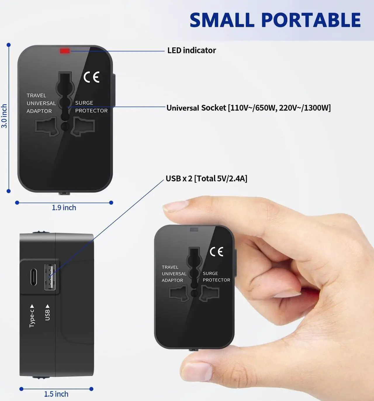 Alt view image 6 of 7 - Universal Travel Adapter, International Plug Adapter with 2 USB Ports (1 USB C), Worldwide Wall Charger AC Power Plug Converter Adaptor for US to EU UK AUS Asia