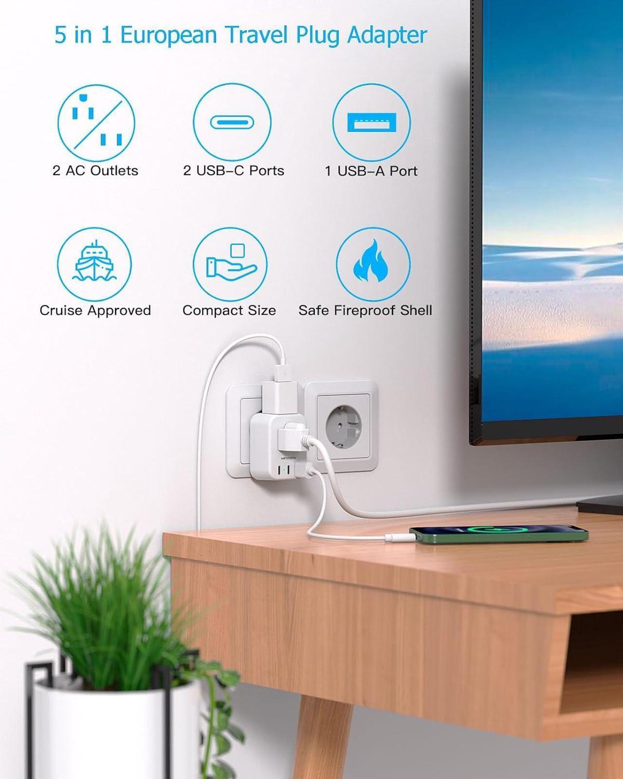 Alt view image 2 of 7 - European Travel Plug Adapter for International, Italy Spain Power Adapter, 2 Outlets 2 USB C Ports, Type C Adapter Travel Cruise Essentials for Amercian US to Most Europe France Germany EU, 2 Pack