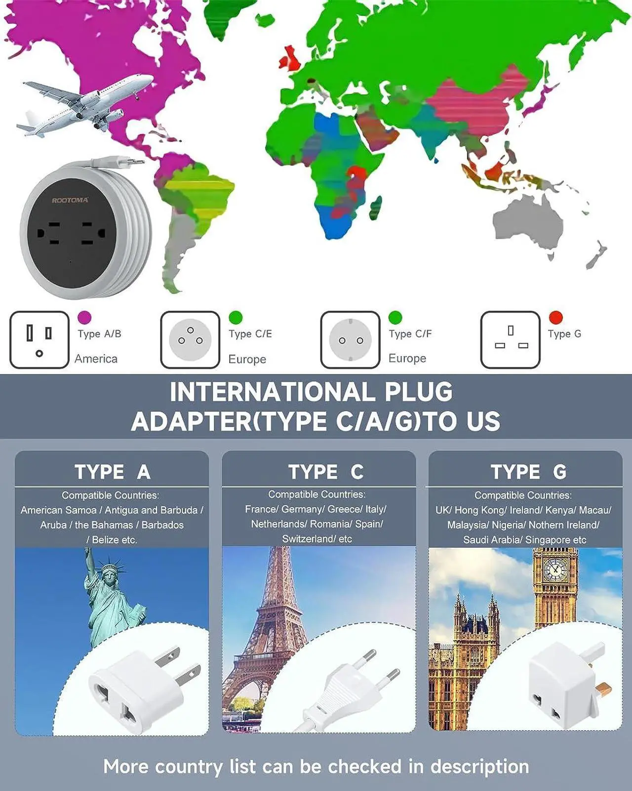 Alt view image 2 of 7 - European Travel Plug Adapter 3.6 FT Winding Compact Mini Outlet Converter with USB for EU/UK/US International Universal Travel Adapter with 4 AC Outlet 3 USB Ports for Travel Cruise Ship Essentials