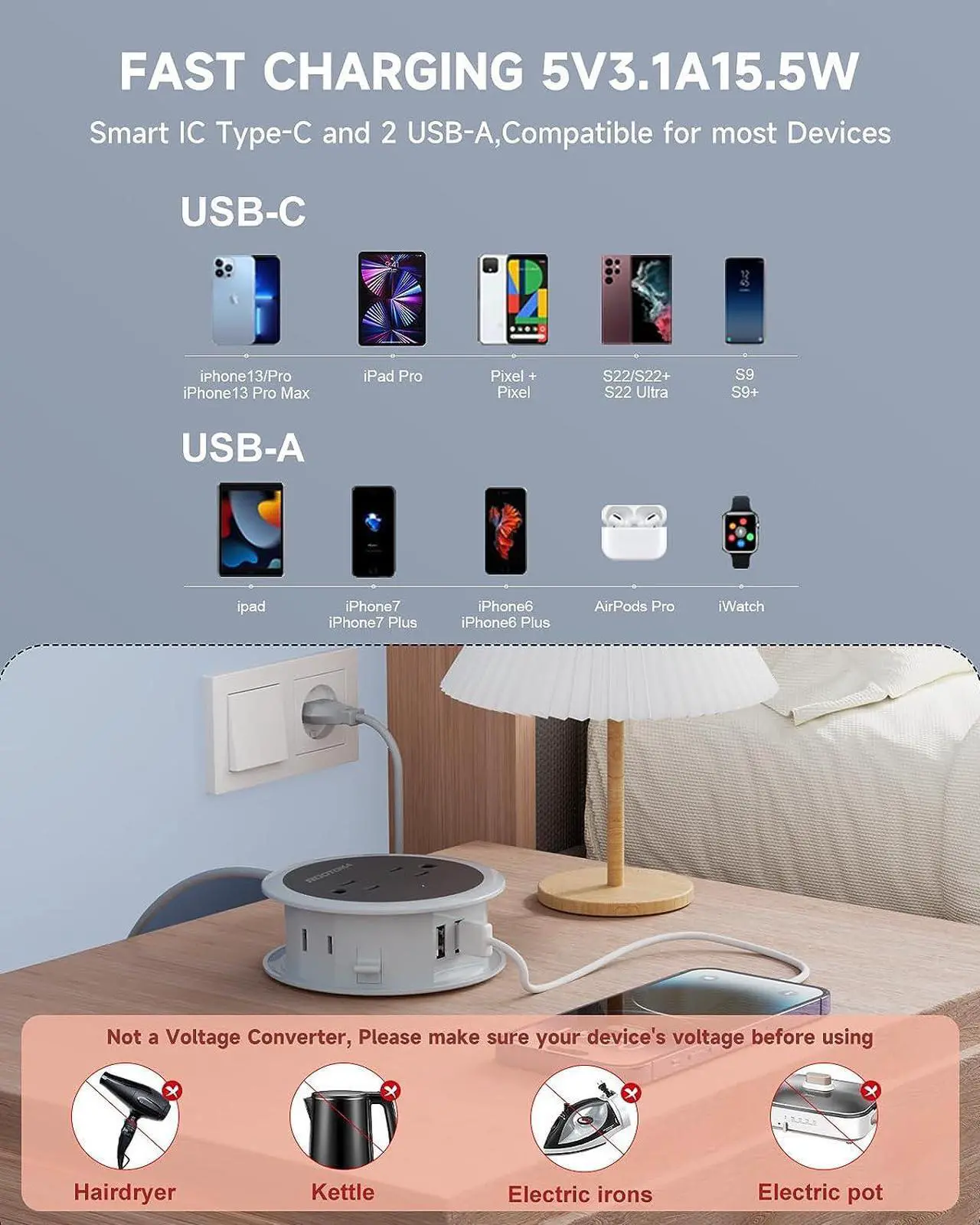 Alt view image 4 of 7 - European Travel Plug Adapter 3.6 FT Winding Compact Mini Outlet Converter with USB for EU/UK/US International Universal Travel Adapter with 4 AC Outlet 3 USB Ports for Travel Cruise Ship Essentials