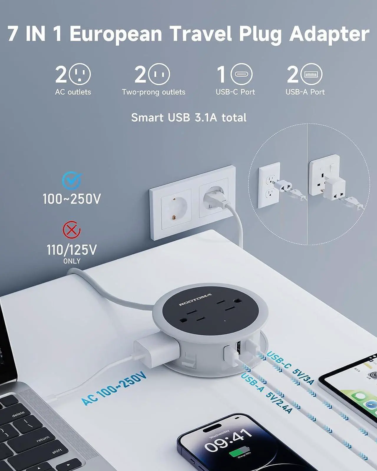 Alt view image 3 of 7 - European Travel Plug Adapter 3.6 FT Winding Compact Mini Outlet Converter with USB for EU/UK/US International Universal Travel Adapter with 4 AC Outlet 3 USB Ports for Travel Cruise Ship Essentials