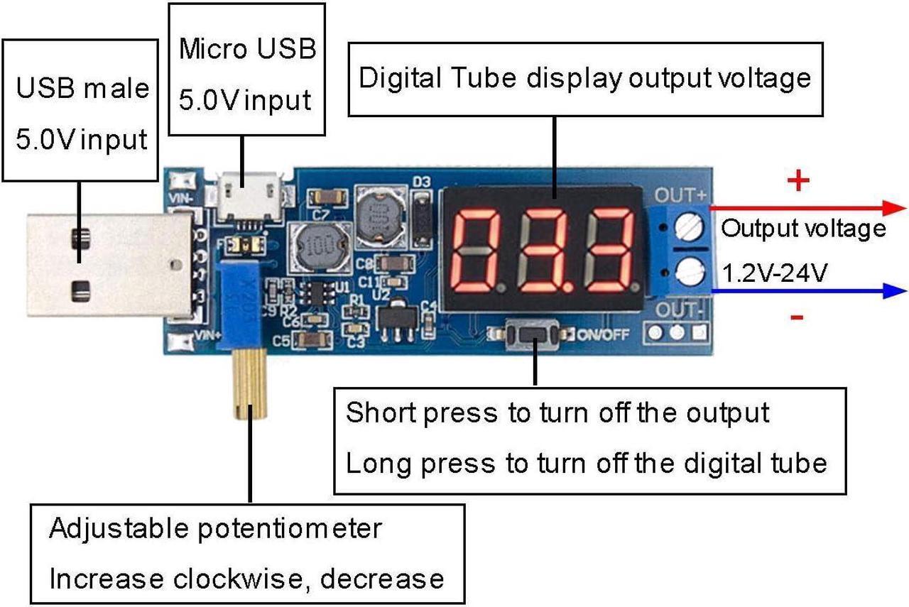 Alt view image 2 of 7 - 2PCS USB Buck Boost Converter Adjustable Step UP Step Down Power Supply Module Voltage Regulator DC-DC 5V to 3.3V 9V 12V 18V 24V