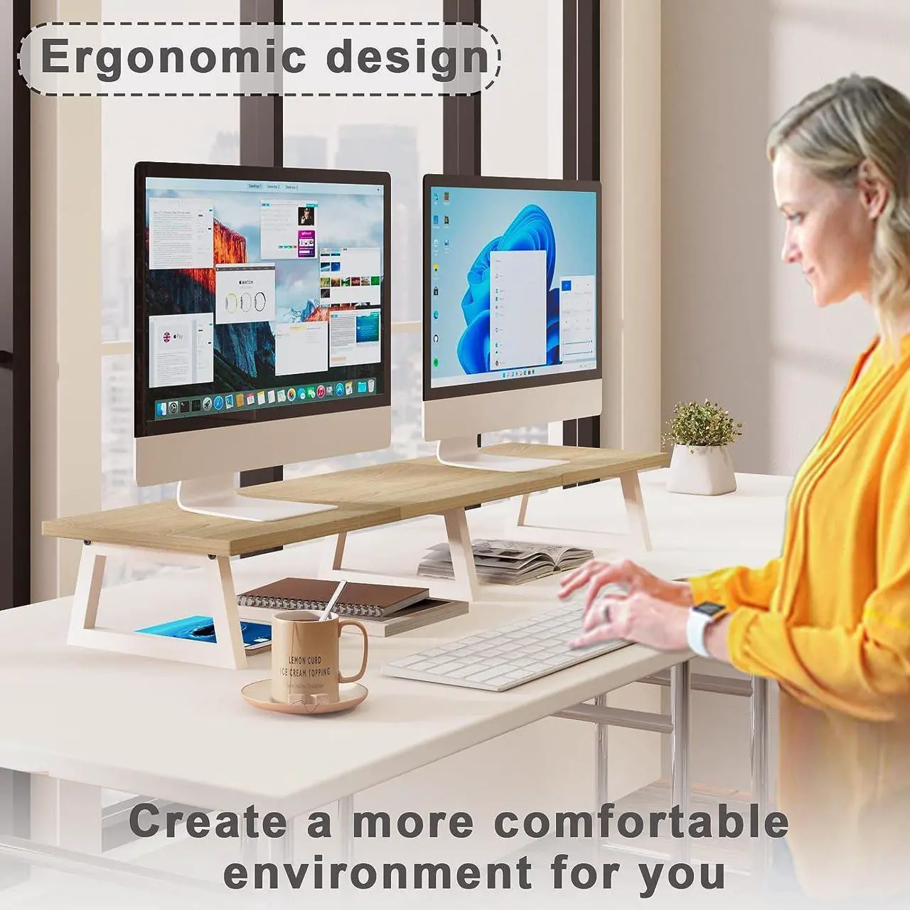 Alt view image 2 of 6 - TEAMIX 42 inch Large Dual Monitor Riser, Extra Long Monitor Stand Riser Wide TV Stand Riser Monitor Stand for 2 Monitors Wood & Steel Desktop Riser Desk Organization Home Office (Maple, 42 inch)