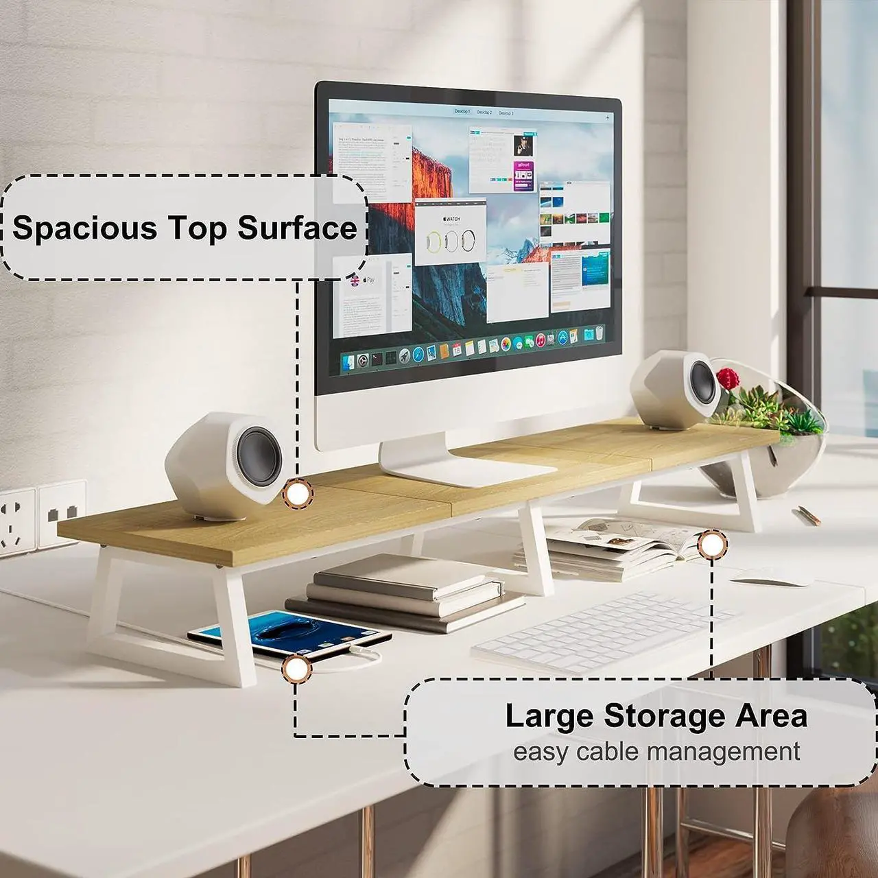 Alt view image 3 of 6 - TEAMIX 42 inch Large Dual Monitor Riser, Extra Long Monitor Stand Riser Wide TV Stand Riser Monitor Stand for 2 Monitors Wood & Steel Desktop Riser Desk Organization Home Office (Maple, 42 inch)
