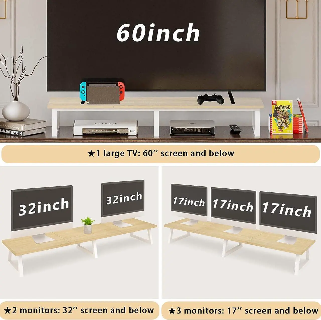 Alt view image 6 of 6 - TEAMIX 42 inch Large Dual Monitor Riser, Extra Long Monitor Stand Riser Wide TV Stand Riser Monitor Stand for 2 Monitors Wood & Steel Desktop Riser Desk Organization Home Office (Maple, 42 inch)