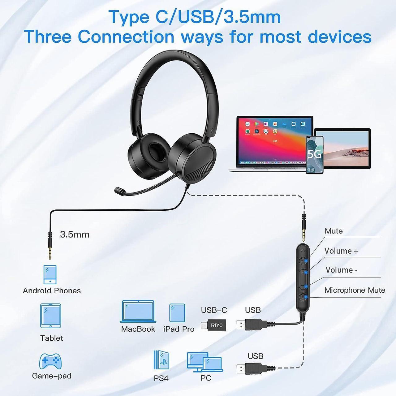 Alt view image 3 of 6 - USB Headset with Microphone Computer Headset in-Line Controls Office Headset with Noise Cancelling Mic Call Center Headset for Zoom Skype Laptop Phone PC Tablet Home with USB-C Adapter