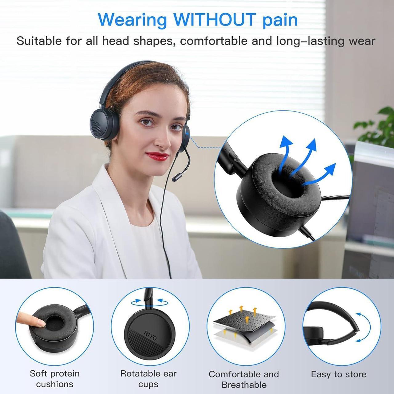 Alt view image 5 of 6 - USB Headset with Microphone Computer Headset in-Line Controls Office Headset with Noise Cancelling Mic Call Center Headset for Zoom Skype Laptop Phone PC Tablet Home with USB-C Adapter