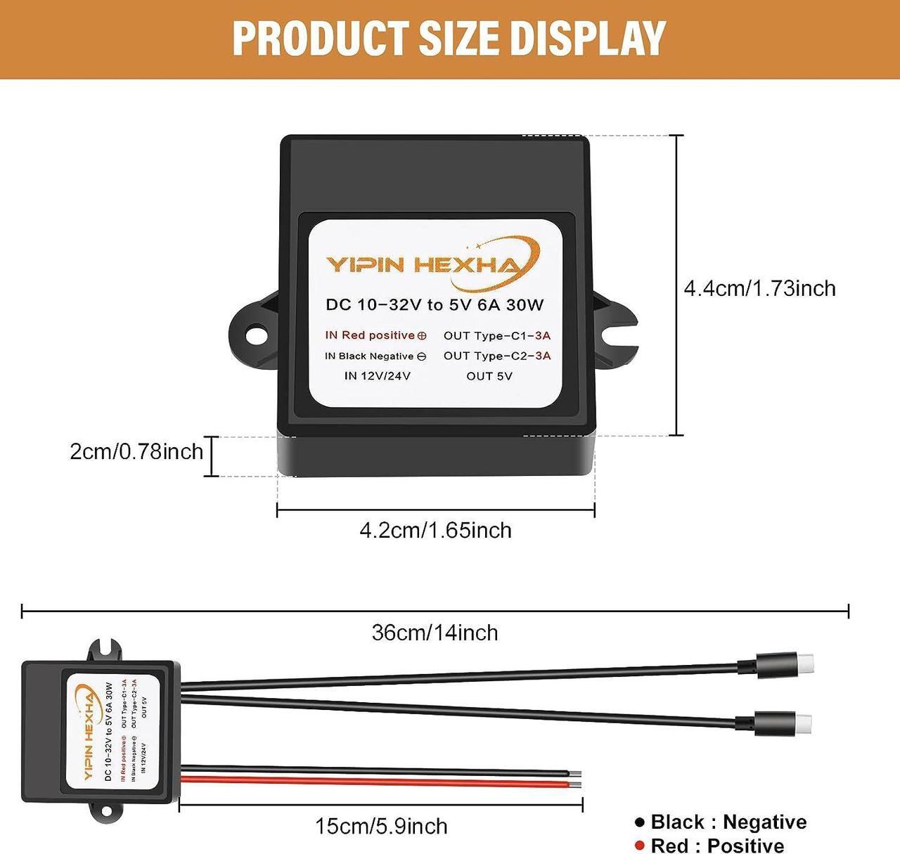 Alt view image 4 of 6 - DC 12V/24V to 5V 6A 30W Dual Type-C USB C Converter DC-DC Buck Charging Module Electric Step Down Power Adapter Compatible with Raspberry Pi 4 Cellphone Car