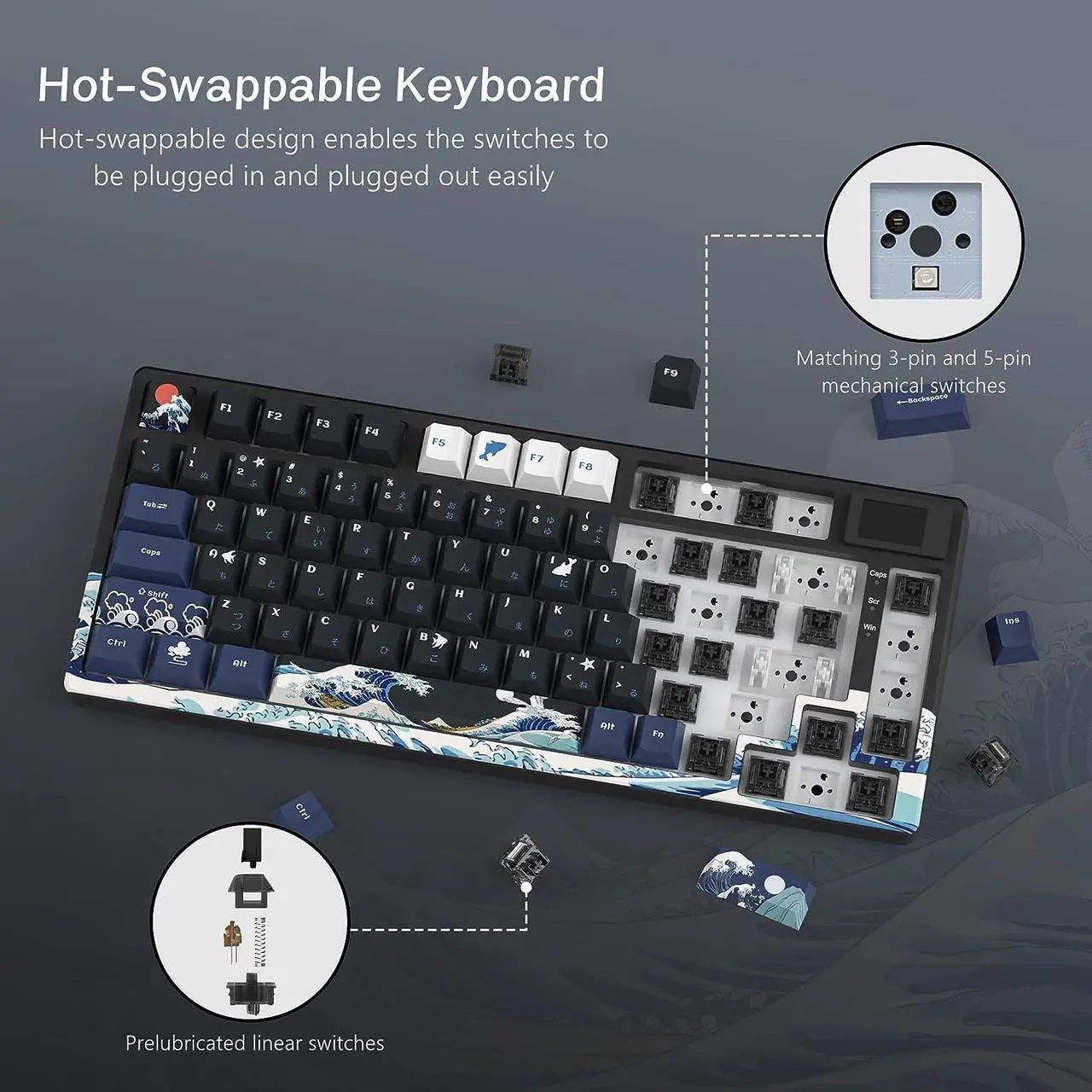 Alt view image 4 of 6 - XVX/Womier S-K80 75% Keyboard with Color OLED Display Mechanical Gaming Keyboard, Hot Swappable Keyboard, Gasket Mount RGB Custom Keyboard, Pre-lubed Stabilizer for Mac/Win, Black Kanagawa Theme