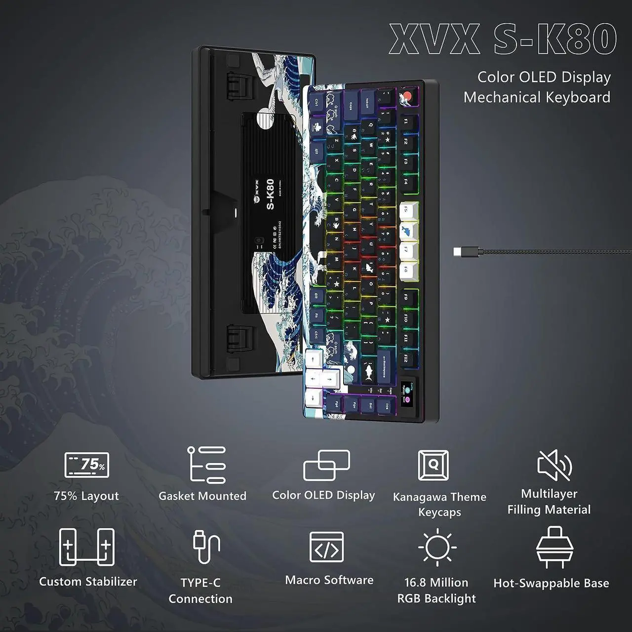 Alt view image 6 of 6 - XVX/Womier S-K80 75% Keyboard with Color OLED Display Mechanical Gaming Keyboard, Hot Swappable Keyboard, Gasket Mount RGB Custom Keyboard, Pre-lubed Stabilizer for Mac/Win, Black Kanagawa Theme