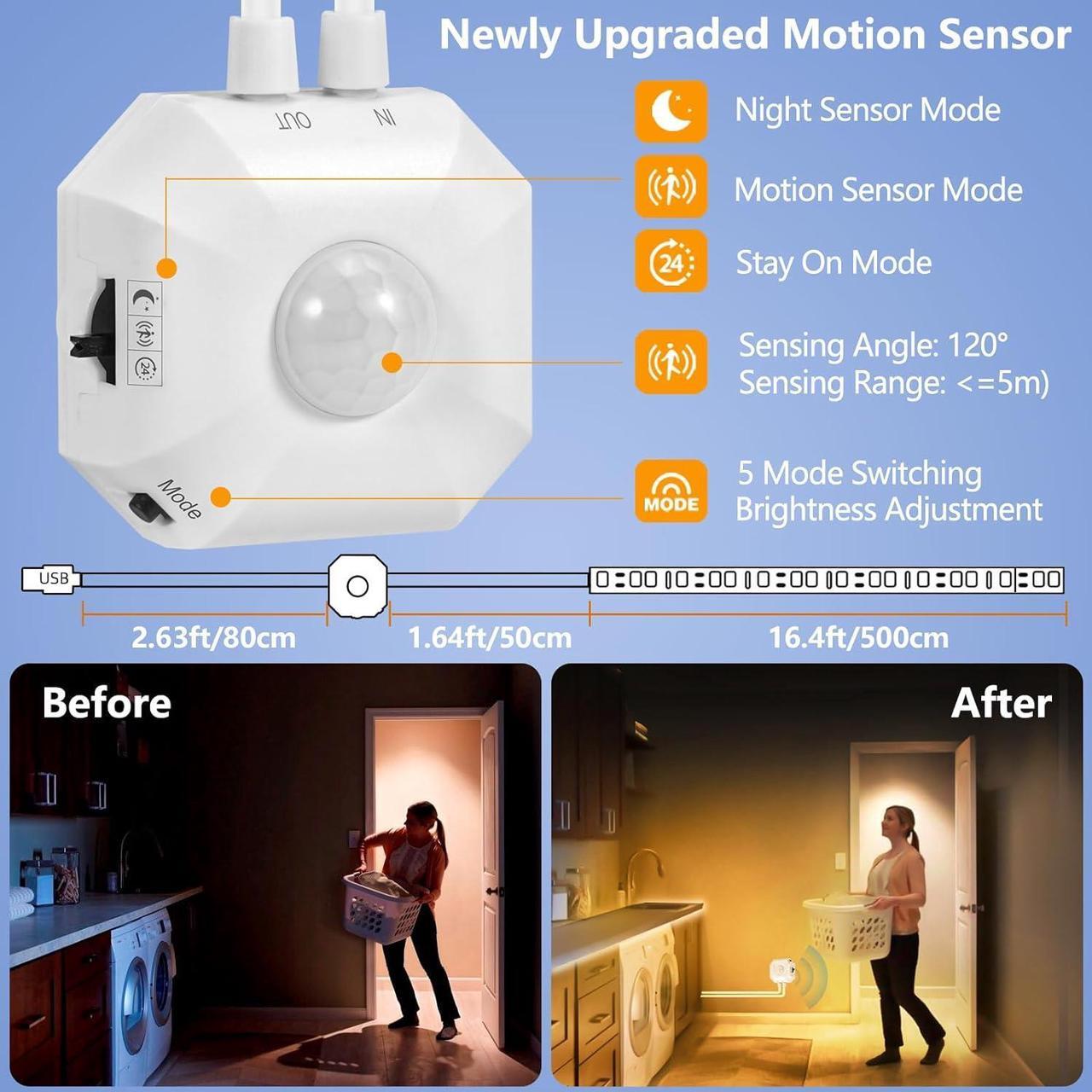 Alt view image 2 of 6 - Motion Sensor LED Light Strip with Motion-Activated Night-Sensor Stay-On 3 Mode 16.4Ft Warm White Dimmable Under Bed Lights LED Strip Motion Sensor Night Light for Bedroom Cabinet Kitchen Stair Closet