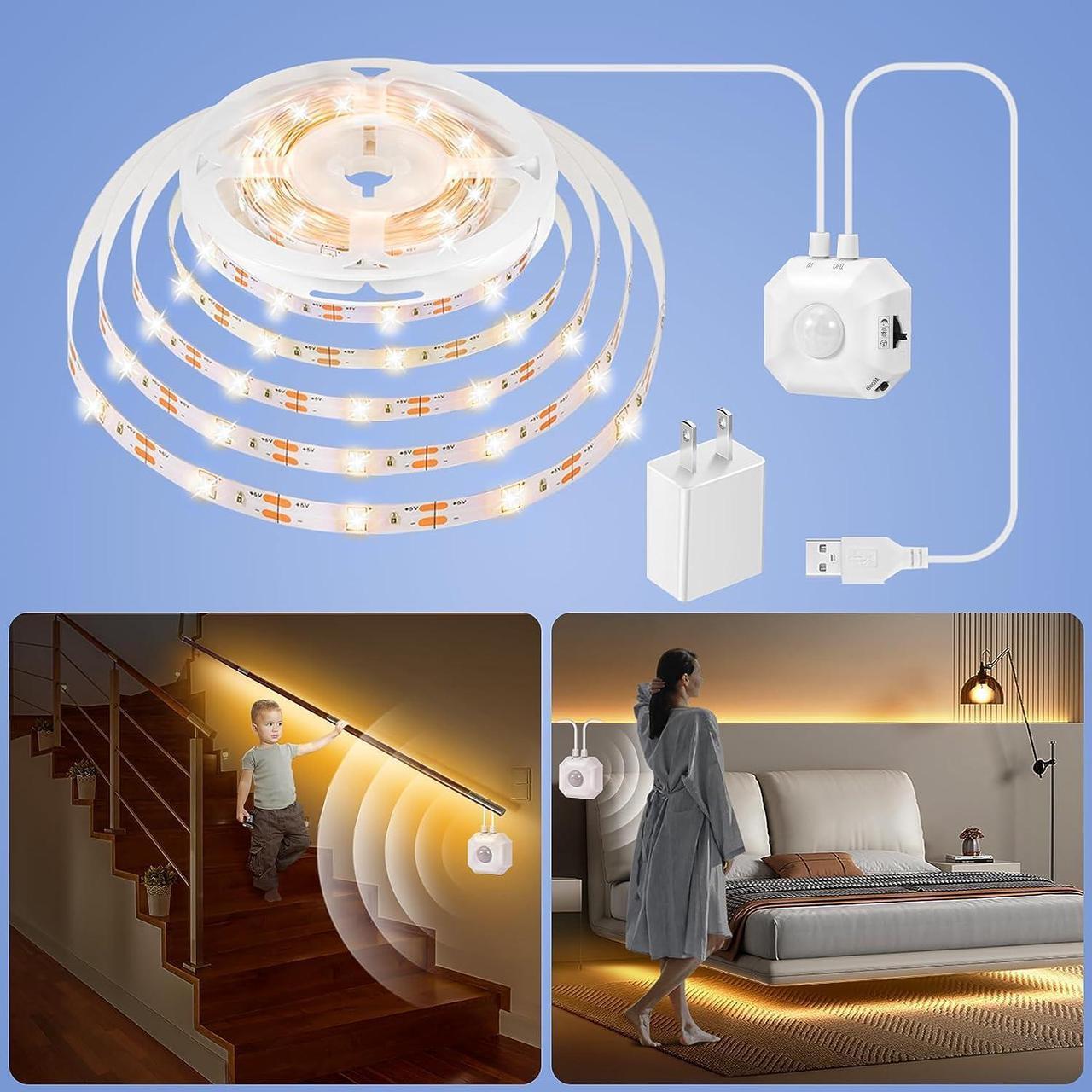 Main image of Motion Sensor LED Light Strip with Motion-Activated Night-Sensor Stay-On 3 Mode 16.4Ft Warm White Dimmable Under Bed Lights LED Strip Motion Sensor Night Light for Bedroom Cabinet Kitchen Stair Closet