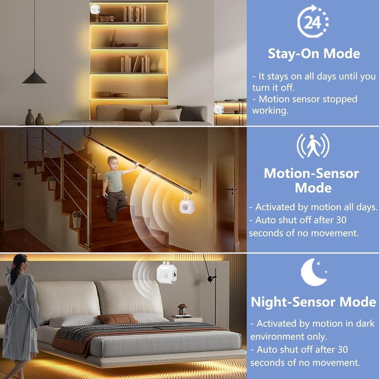 Alt view image 3 of 6 - Motion Sensor LED Light Strip with Motion-Activated Night-Sensor Stay-On 3 Mode 16.4Ft Warm White Dimmable Under Bed Lights LED Strip Motion Sensor Night Light for Bedroom Cabinet Kitchen Stair Closet
