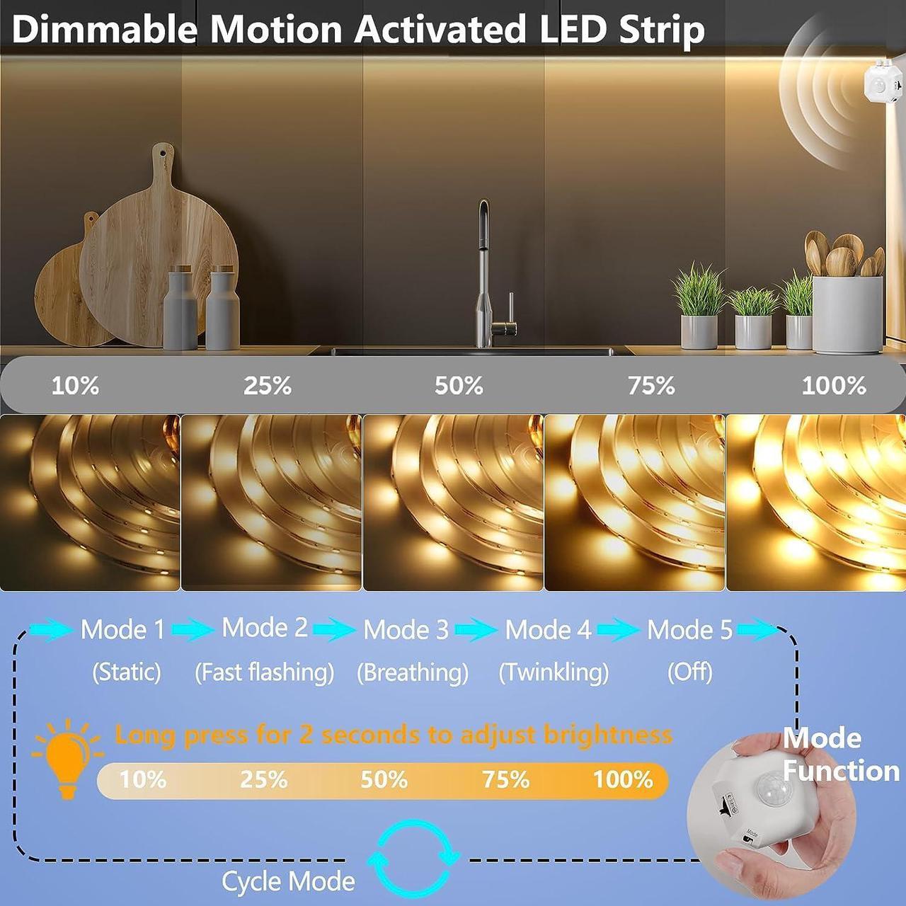 Alt view image 4 of 6 - Motion Sensor LED Light Strip with Motion-Activated Night-Sensor Stay-On 3 Mode 16.4Ft Warm White Dimmable Under Bed Lights LED Strip Motion Sensor Night Light for Bedroom Cabinet Kitchen Stair Closet