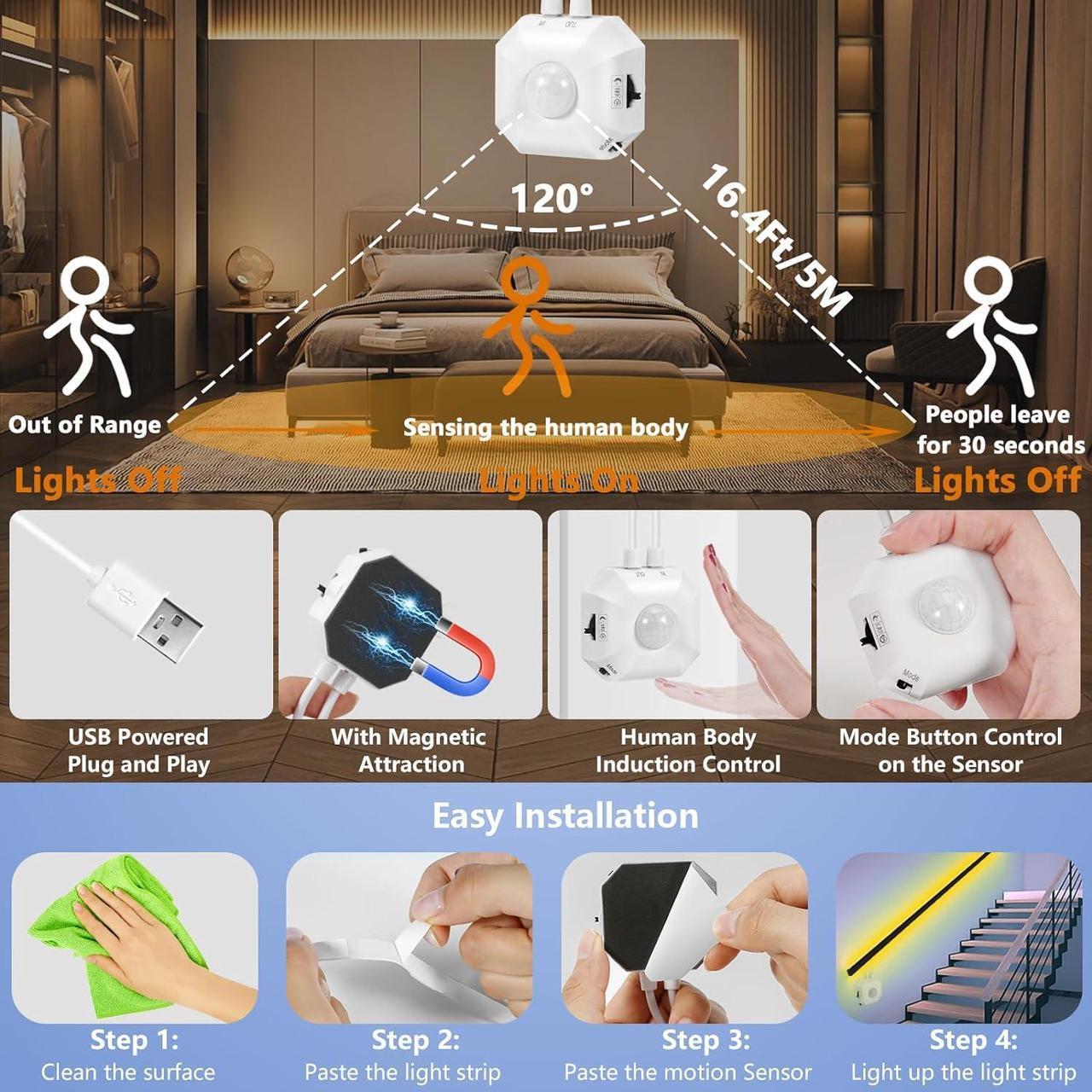 Alt view image 5 of 6 - Motion Sensor LED Light Strip with Motion-Activated Night-Sensor Stay-On 3 Mode 16.4Ft Warm White Dimmable Under Bed Lights LED Strip Motion Sensor Night Light for Bedroom Cabinet Kitchen Stair Closet