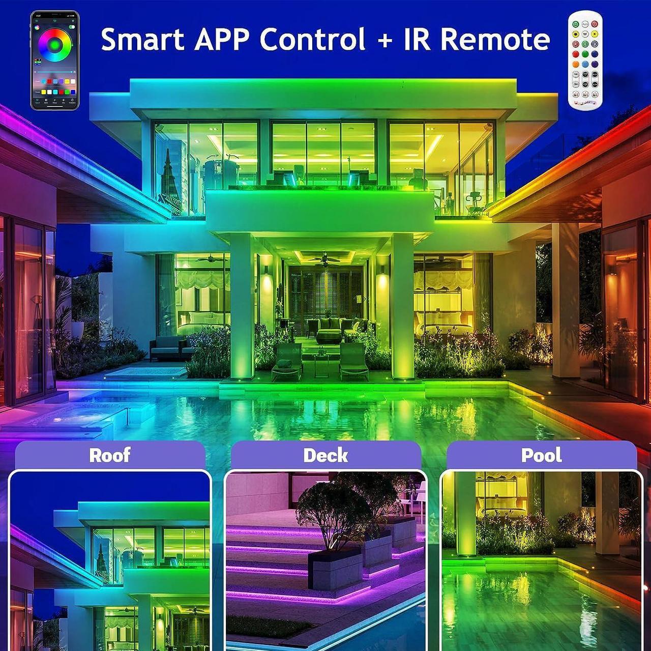 Alt view image 4 of 7 - 200ft Outdoor LED Strip Lights Waterproof 1 Roll IP68 Outside Led Light Strips Waterproof with App and Remote Music Sync RGB Exterior Led Rope Lights with Self Adhesive Back for Deck Balcony Pool