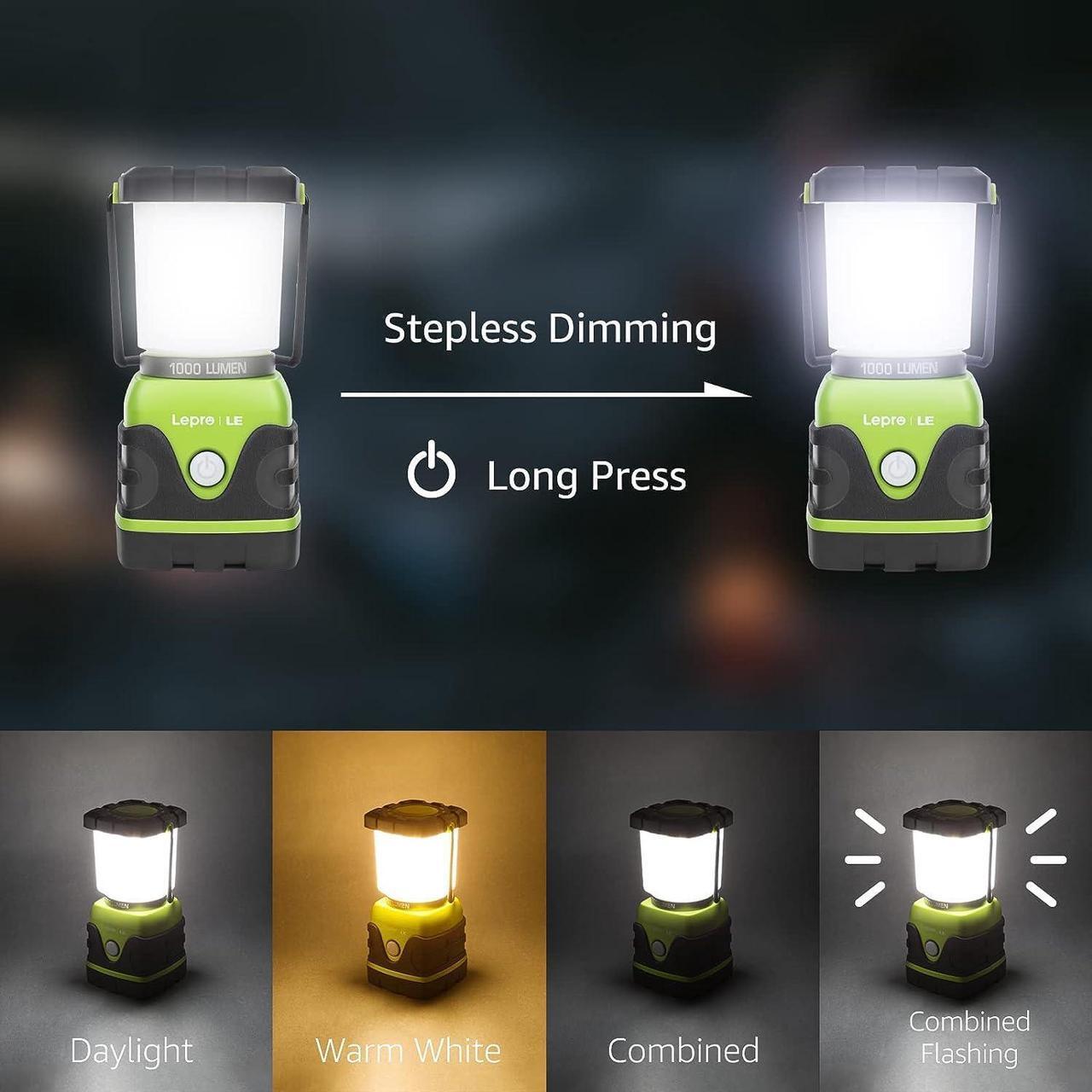 Alt view image 3 of 7 - LE 1000LM Battery Powered LED Camping Lantern Waterproof Tent Light with 4 Light Modes Camping Essentials Portable Lantern Flashlight for Camping Emergency Light Power Outages Not Rechargeable