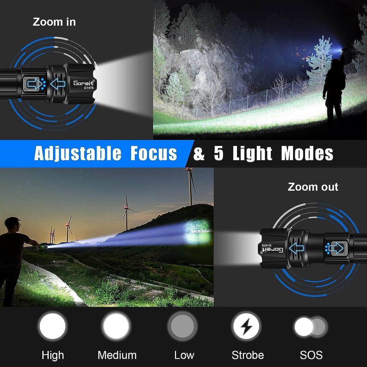 Alt view image 5 of 7 - Goreit Flashlight High Lumens Rechargeable, 950000 Lumen Led Flashlights XHP70.2 USB Super Bright Flash Light Battery Powered, Powerful Handheld Flashlights for Emergencies Camping, IP67 Waterproof