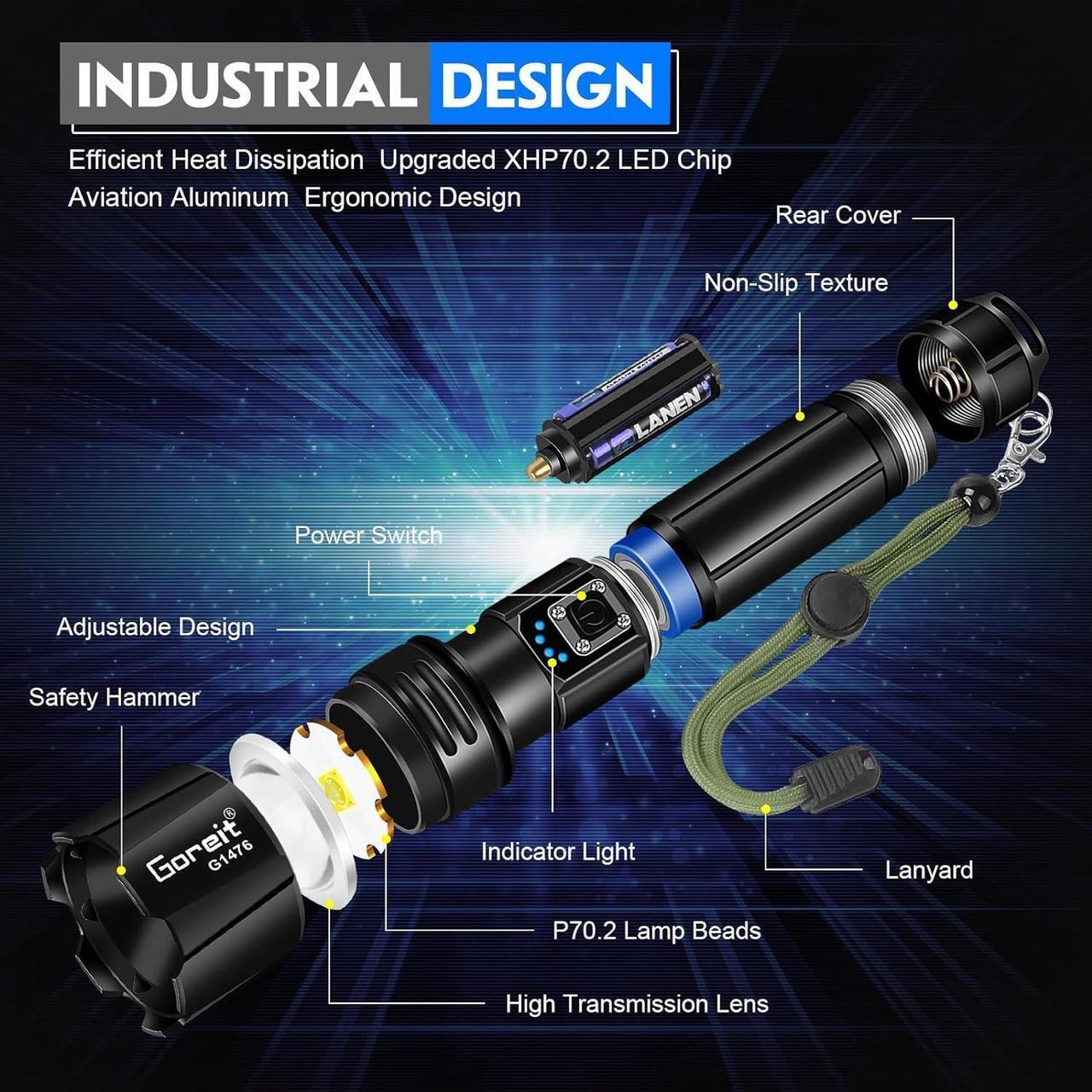 Alt view image 6 of 7 - Goreit Flashlight High Lumens Rechargeable, 950000 Lumen Led Flashlights XHP70.2 USB Super Bright Flash Light Battery Powered, Powerful Handheld Flashlights for Emergencies Camping, IP67 Waterproof