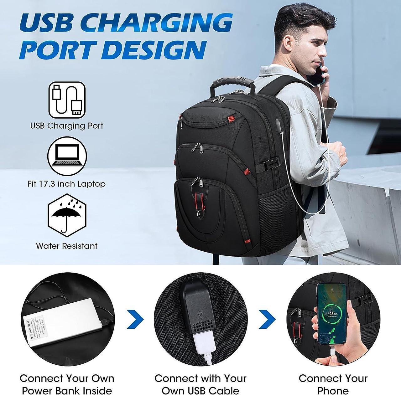 Alt view image 5 of 7 - Laptop Backpack 17 Inch Waterproof Travel Backpack TSA Friendly Extra Large College Backpack 17.3 Business Computer Backpack Men Women with USB Charging Port Bookbag Gaming Backpack Black 45L