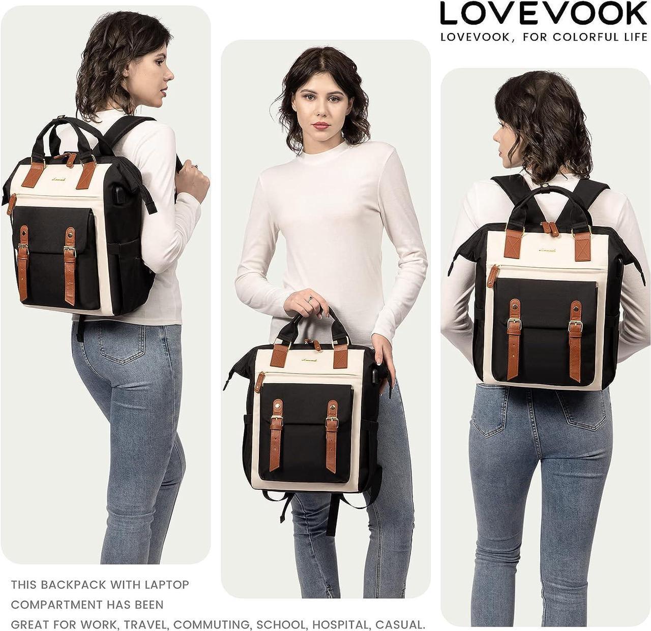 Alt view image 2 of 7 - Laptop Backpack For Women Work Large Travel Backpack Purse Nurse Bag College Backpack Teacher Doctor Business Laptop Bag Waterproof Wide Open Computer Back pack 17 Inch Black-Beige-Brown