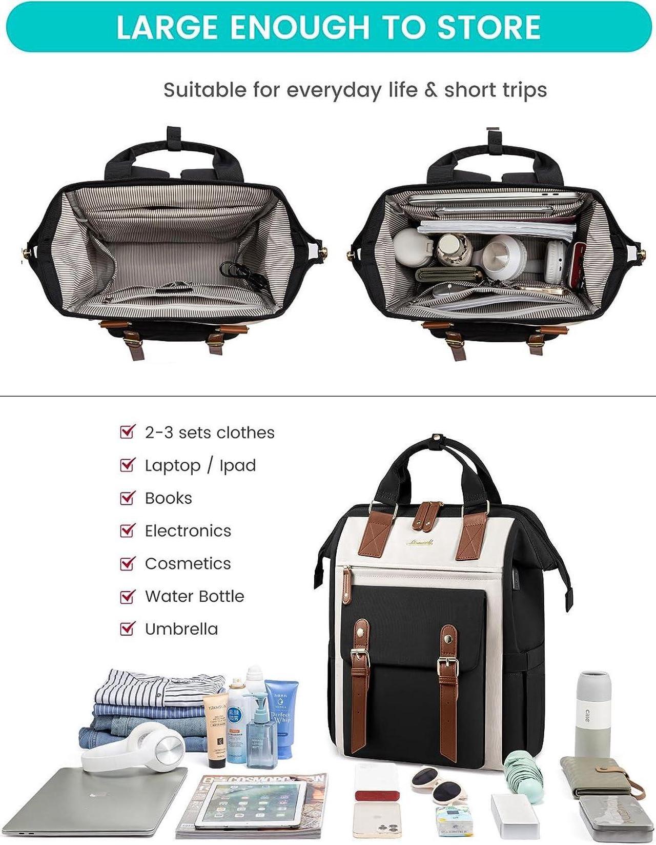 Alt view image 3 of 7 - Laptop Backpack For Women Work Large Travel Backpack Purse Nurse Bag College Backpack Teacher Doctor Business Laptop Bag Waterproof Wide Open Computer Back pack 17 Inch Black-Beige-Brown