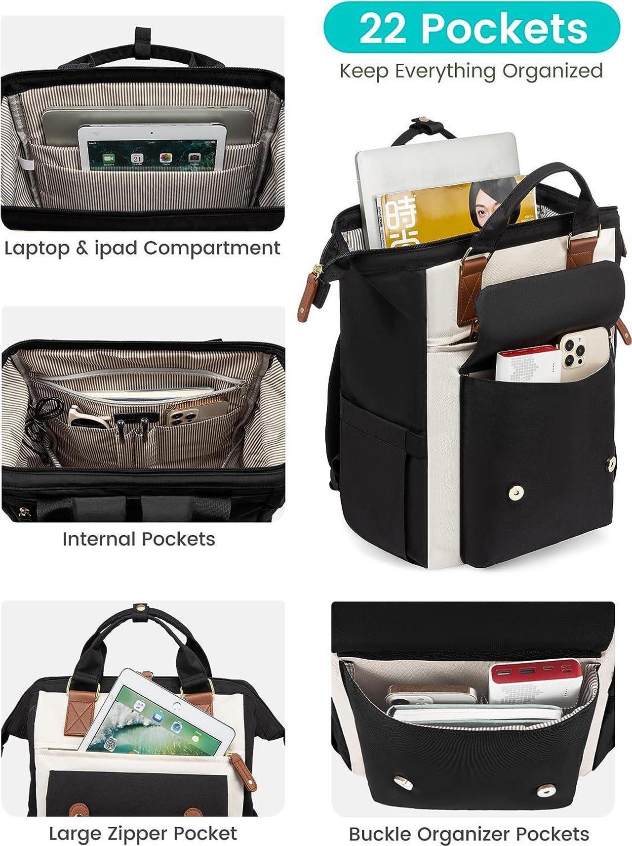 Alt view image 4 of 7 - Laptop Backpack For Women Work Large Travel Backpack Purse Nurse Bag College Backpack Teacher Doctor Business Laptop Bag Waterproof Wide Open Computer Back pack 17 Inch Black-Beige-Brown