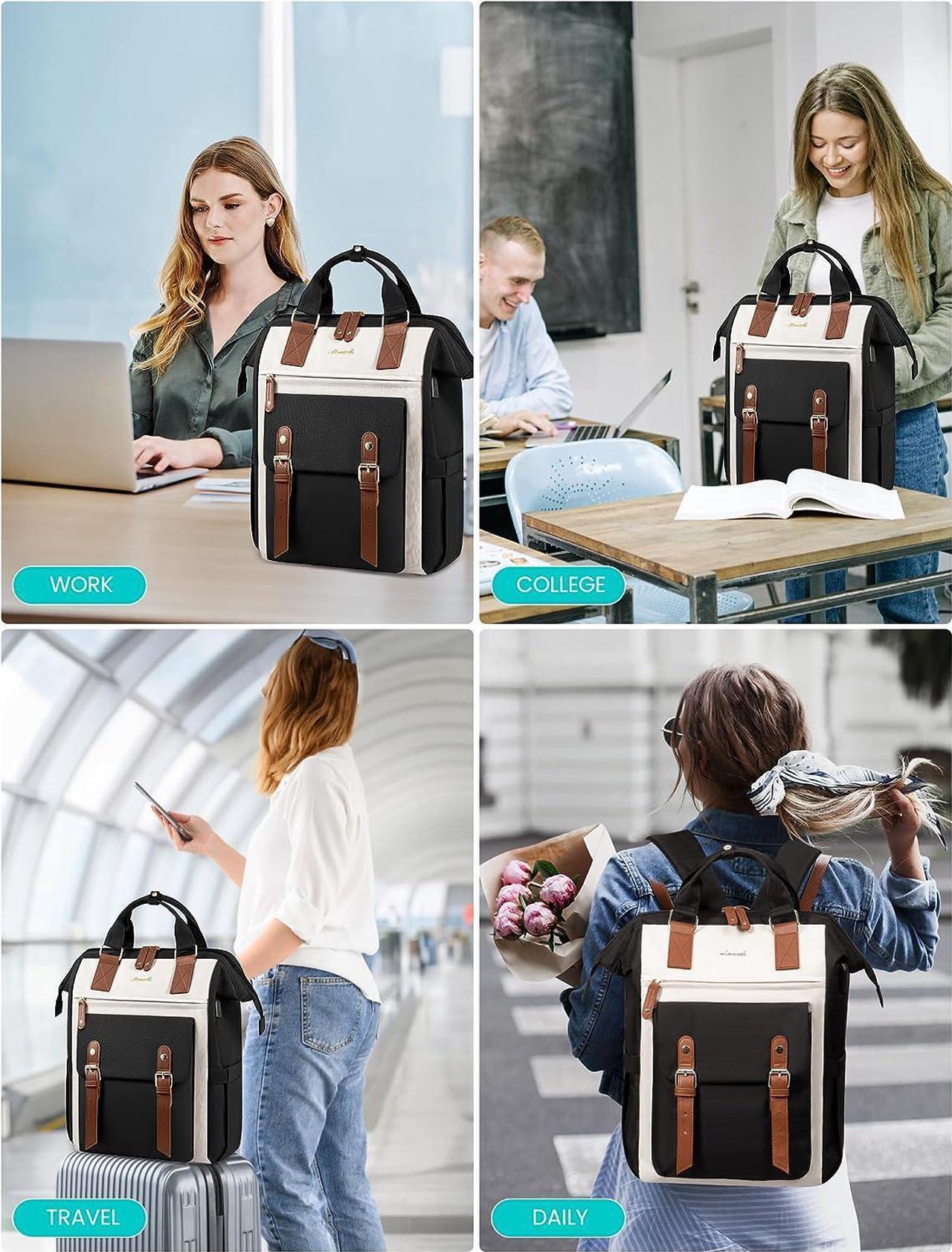 Alt view image 6 of 7 - Laptop Backpack For Women Work Large Travel Backpack Purse Nurse Bag College Backpack Teacher Doctor Business Laptop Bag Waterproof Wide Open Computer Back pack 17 Inch Black-Beige-Brown