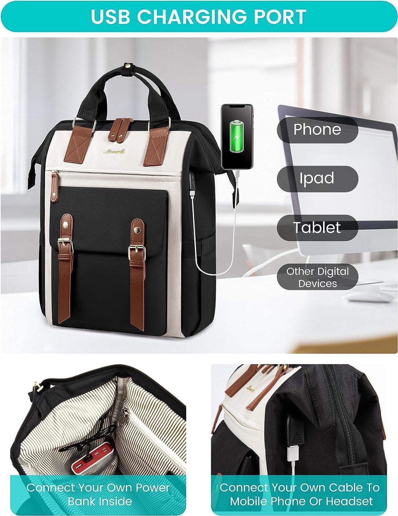 Alt view image 7 of 7 - Laptop Backpack For Women Work Large Travel Backpack Purse Nurse Bag College Backpack Teacher Doctor Business Laptop Bag Waterproof Wide Open Computer Back pack 17 Inch Black-Beige-Brown