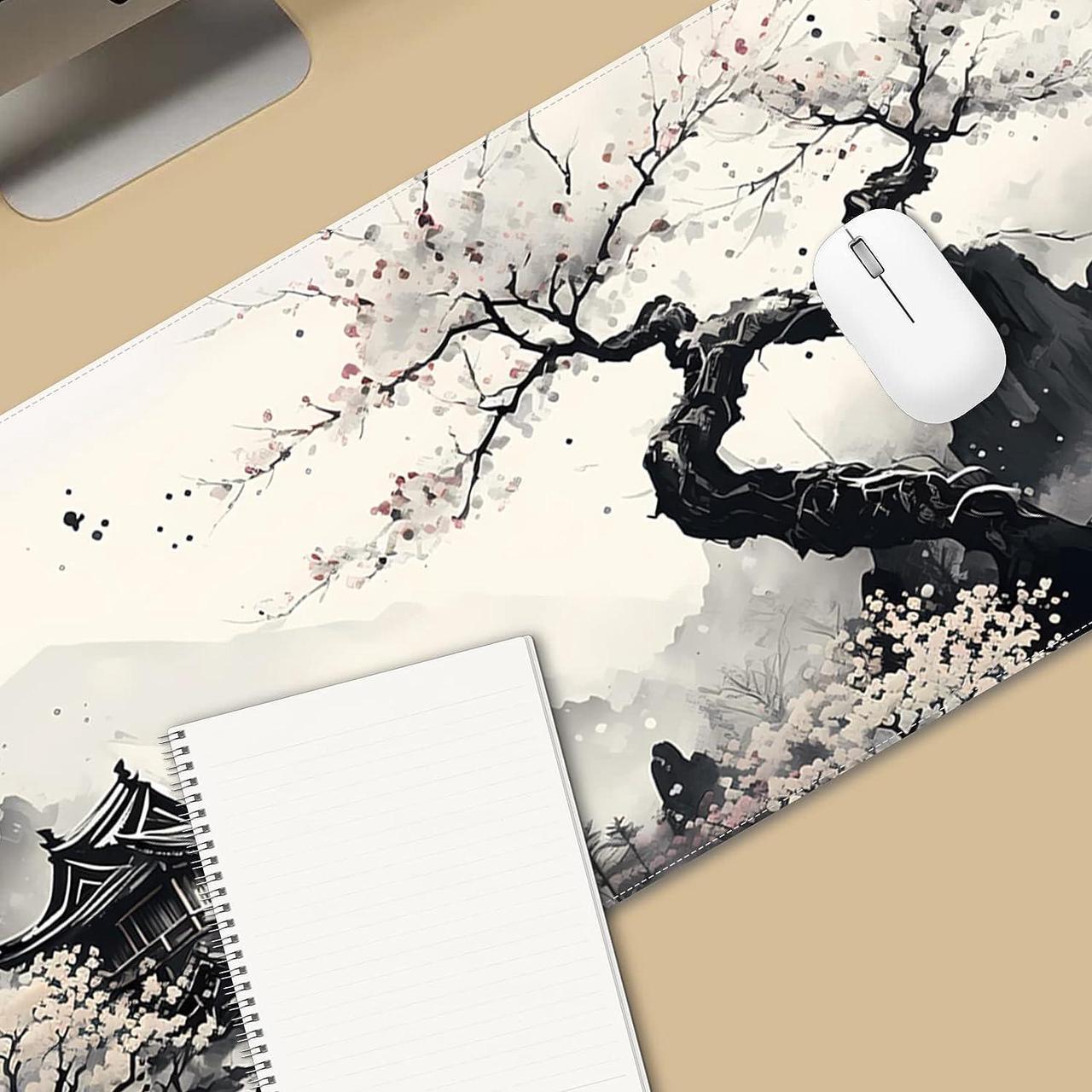 Alt view image 3 of 7 - Japanese White Mouse Pad Large Cherry Blossom Desk Mat XL Anime Gaming Keyboard Mat Non-Slip Rubber Base Big Extended Desk Protector for Home Office 31.5x11.8 (River Snow)