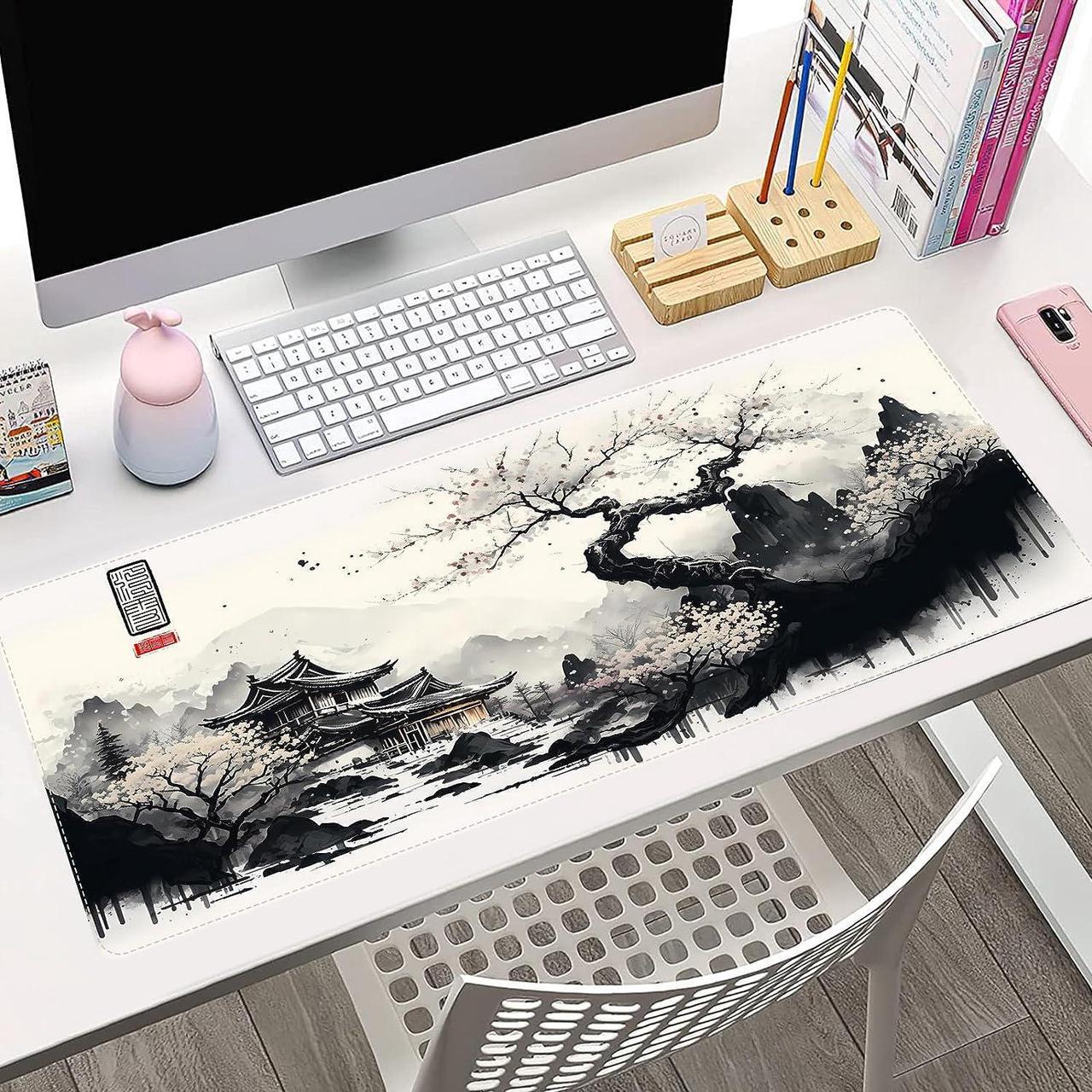 Alt view image 4 of 7 - Japanese White Mouse Pad Large Cherry Blossom Desk Mat XL Anime Gaming Keyboard Mat Non-Slip Rubber Base Big Extended Desk Protector for Home Office 31.5x11.8 (River Snow)