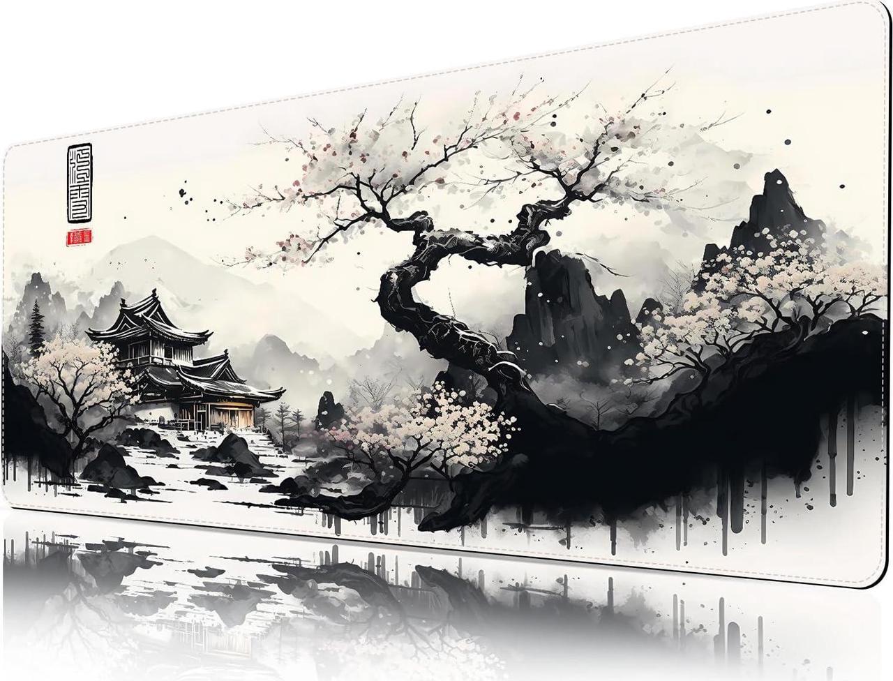Alt view image 7 of 7 - Japanese White Mouse Pad Large Cherry Blossom Desk Mat XL Anime Gaming Keyboard Mat Non-Slip Rubber Base Big Extended Desk Protector for Home Office 31.5x11.8 (River Snow)