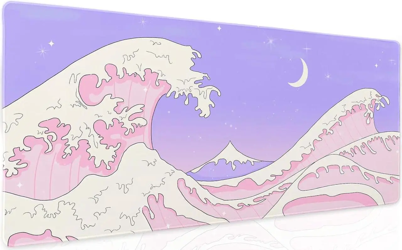 Main image of Pink Purple Japanese Anime Gaming Mouse Pad XL Cute Kawaii Aesthetic Sea Wave Extended Large Desk Mat Non-Slip Rubber Base Stitched Edge Long Keyboard Mousepad for PC Computer Laptop 31.511.8 in