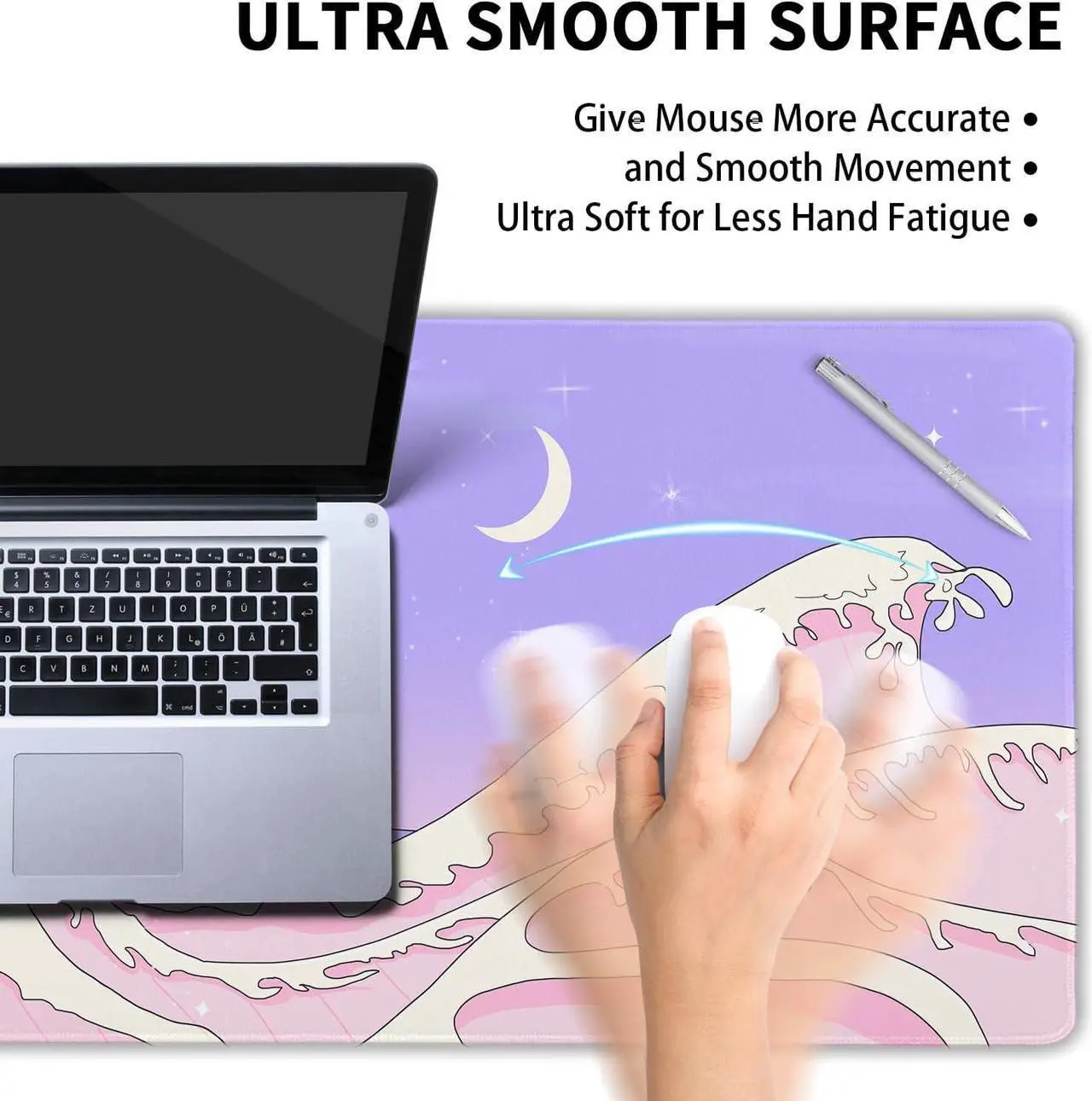 Alt view image 4 of 7 - Pink Purple Japanese Anime Gaming Mouse Pad XL Cute Kawaii Aesthetic Sea Wave Extended Large Desk Mat Non-Slip Rubber Base Stitched Edge Long Keyboard Mousepad for PC Computer Laptop 31.511.8 in