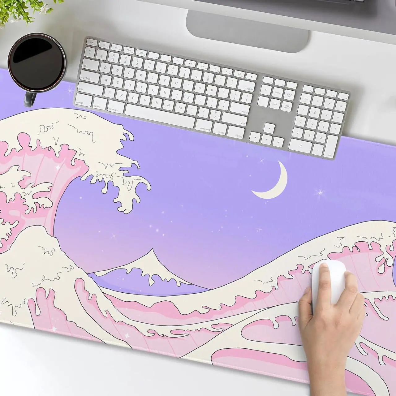 Alt view image 5 of 7 - Pink Purple Japanese Anime Gaming Mouse Pad XL Cute Kawaii Aesthetic Sea Wave Extended Large Desk Mat Non-Slip Rubber Base Stitched Edge Long Keyboard Mousepad for PC Computer Laptop 31.511.8 in