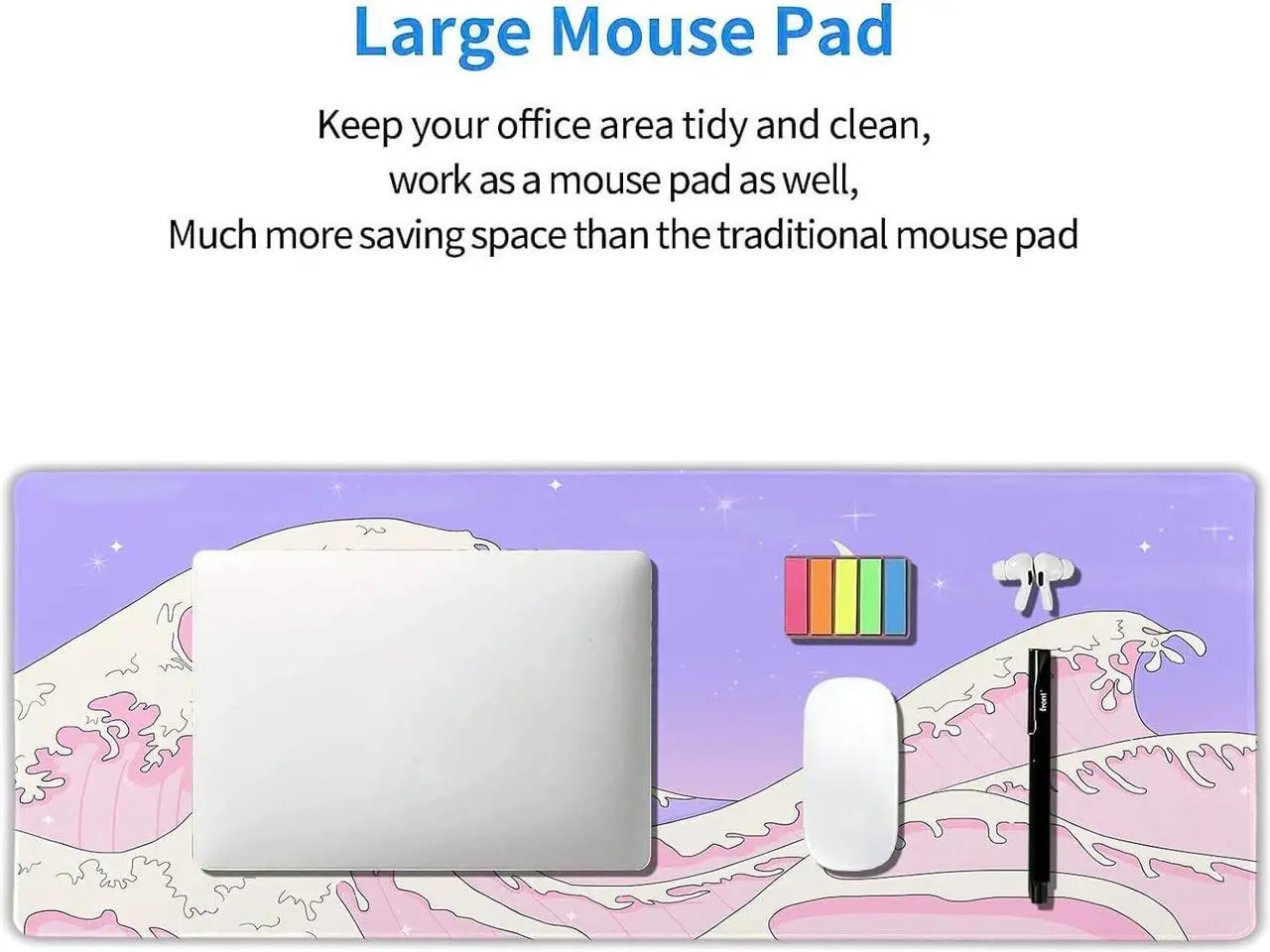 Alt view image 6 of 7 - Pink Purple Japanese Anime Gaming Mouse Pad XL Cute Kawaii Aesthetic Sea Wave Extended Large Desk Mat Non-Slip Rubber Base Stitched Edge Long Keyboard Mousepad for PC Computer Laptop 31.511.8 in