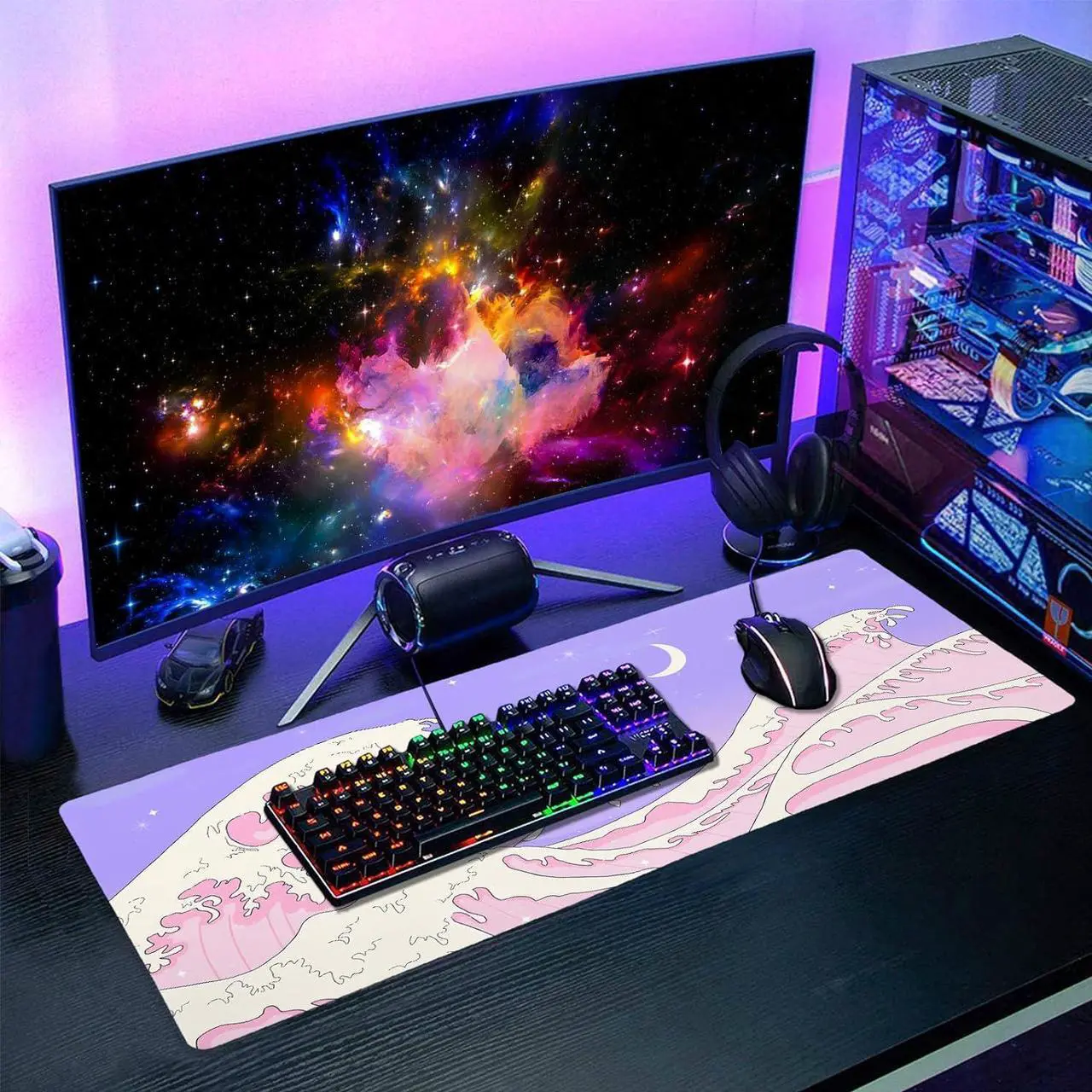 Alt view image 7 of 7 - Pink Purple Japanese Anime Gaming Mouse Pad XL Cute Kawaii Aesthetic Sea Wave Extended Large Desk Mat Non-Slip Rubber Base Stitched Edge Long Keyboard Mousepad for PC Computer Laptop 31.511.8 in