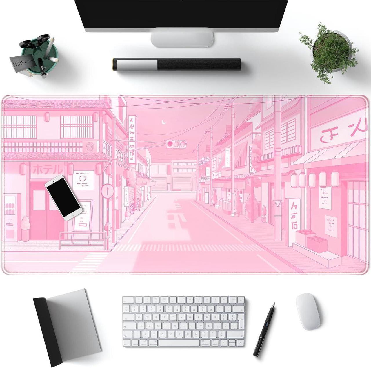 Pink Desk Mat Tokyo Street Desk Mat Anime Japanese Mouse Pad XL Kawaii Large Gaming Mousepad XXL Cute Desktop Mat Laptop Keyboard Mouse Mat Desk Pad Big 31.5x15.7 in with Stitched Edges Non-Slip