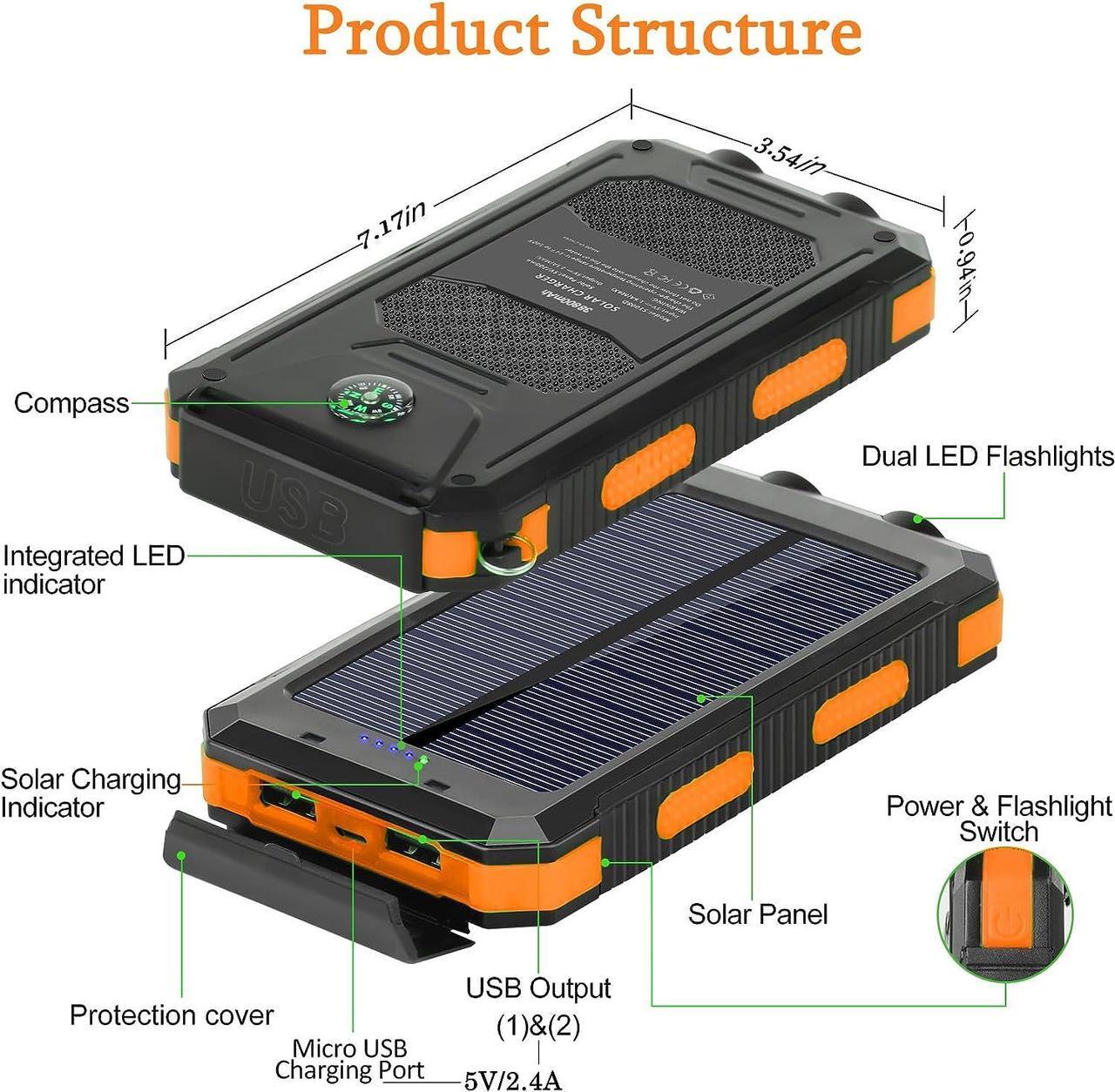 Alt view image 4 of 7 - Solar Charger 38800mAh Portable Solar Power Bank for All Cellphones Waterproof Battery Pack Outdoor External Backup Power Charger Dual USB 5V Outputs/LED Flashlights Perfect for Camping Travel