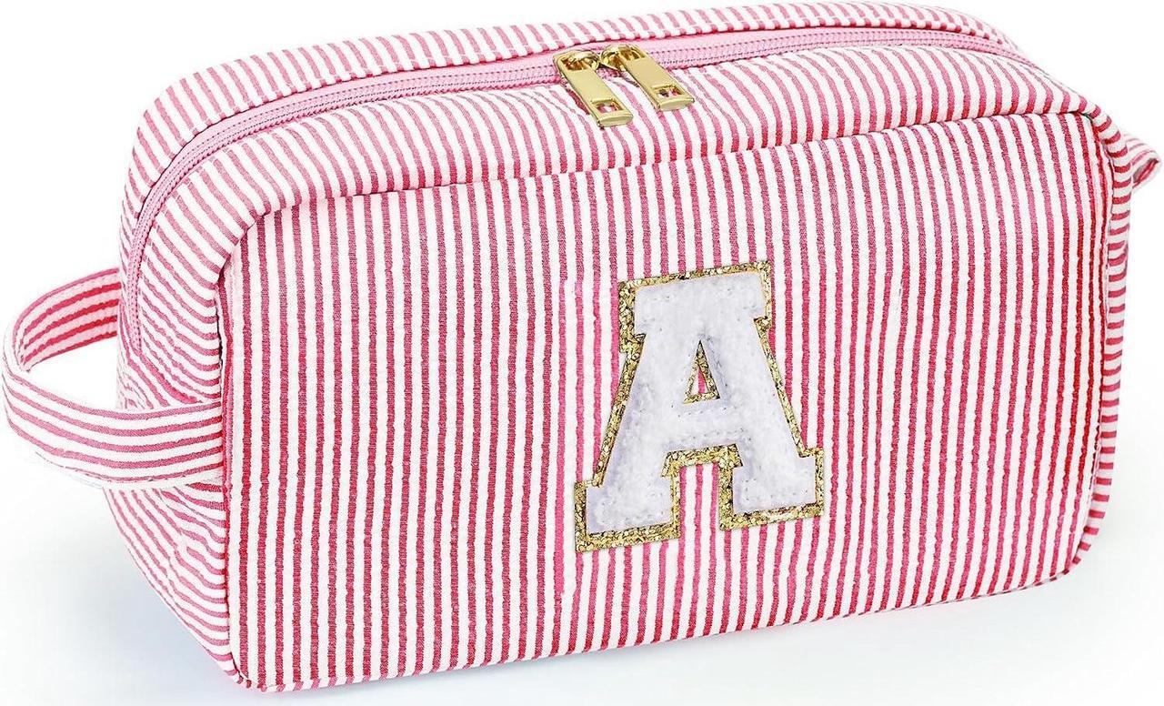 Main image of Large Travel Makeup Bag - Personalized Initial Cute Pink Makeup Case Bag Organizer Cosmetic Bag Make Up Bags Toiletry Pouch Gift for Women Her Birthday Friend Female Mom Teacher Bridesmaids A