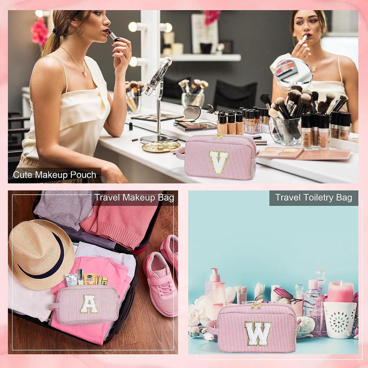 Alt view image 6 of 7 - Large Travel Makeup Bag - Personalized Initial Cute Pink Makeup Case Bag Organizer Cosmetic Bag Make Up Bags Toiletry Pouch Gift for Women Her Birthday Friend Female Mom Teacher Bridesmaids A