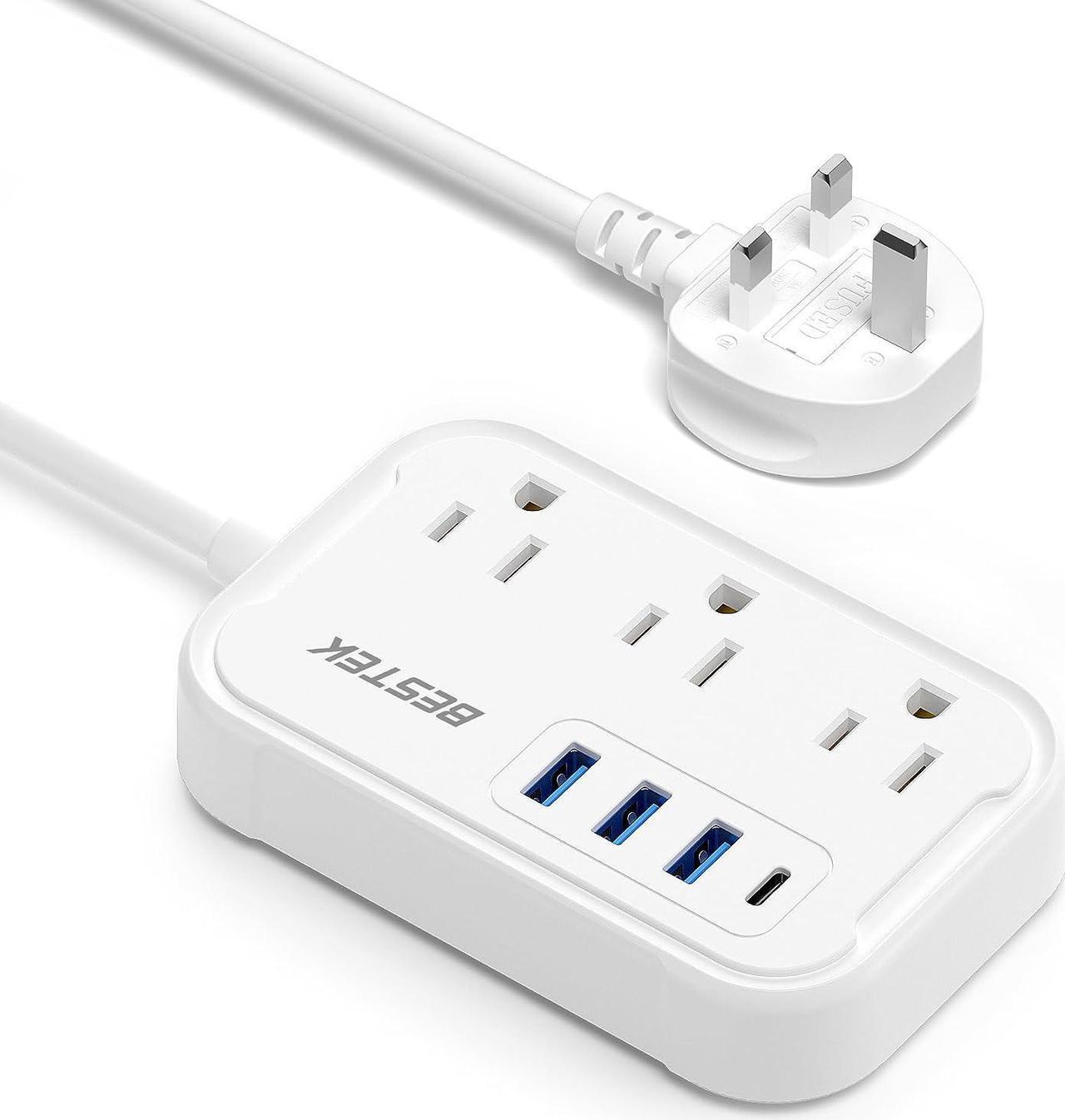 Main image of UK Travel Plug Adapter: US to UK Plug Adapter - Type G Adapter and Converter Power Strip with 3 AC Outlets and 4 USB(1 PD20W) - for USA to UK Ireland Scotland Hong Kong England British London 2.6ft
