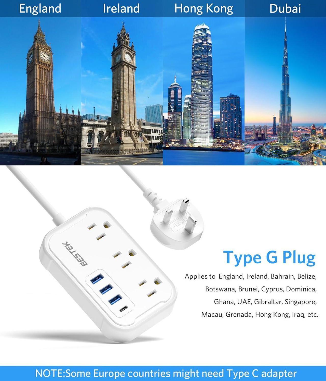 Alt view image 7 of 7 - UK Travel Plug Adapter: US to UK Plug Adapter - Type G Adapter and Converter Power Strip with 3 AC Outlets and 4 USB(1 PD20W) - for USA to UK Ireland Scotland Hong Kong England British London 2.6ft