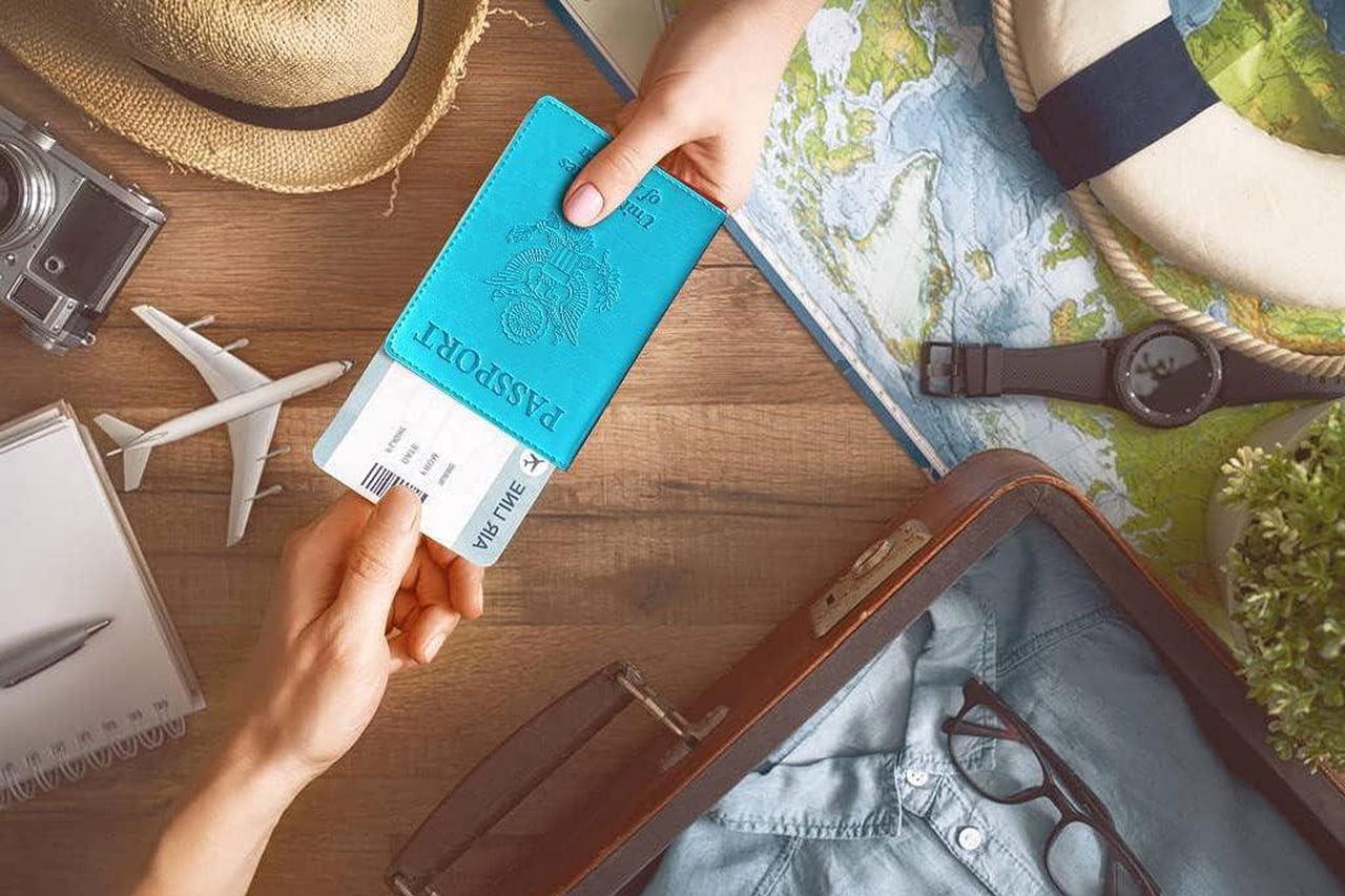 Alt view image 7 of 7 - Passport Holder Cover Wallet RFID Blocking Card Slot for Women Men Sky Blue