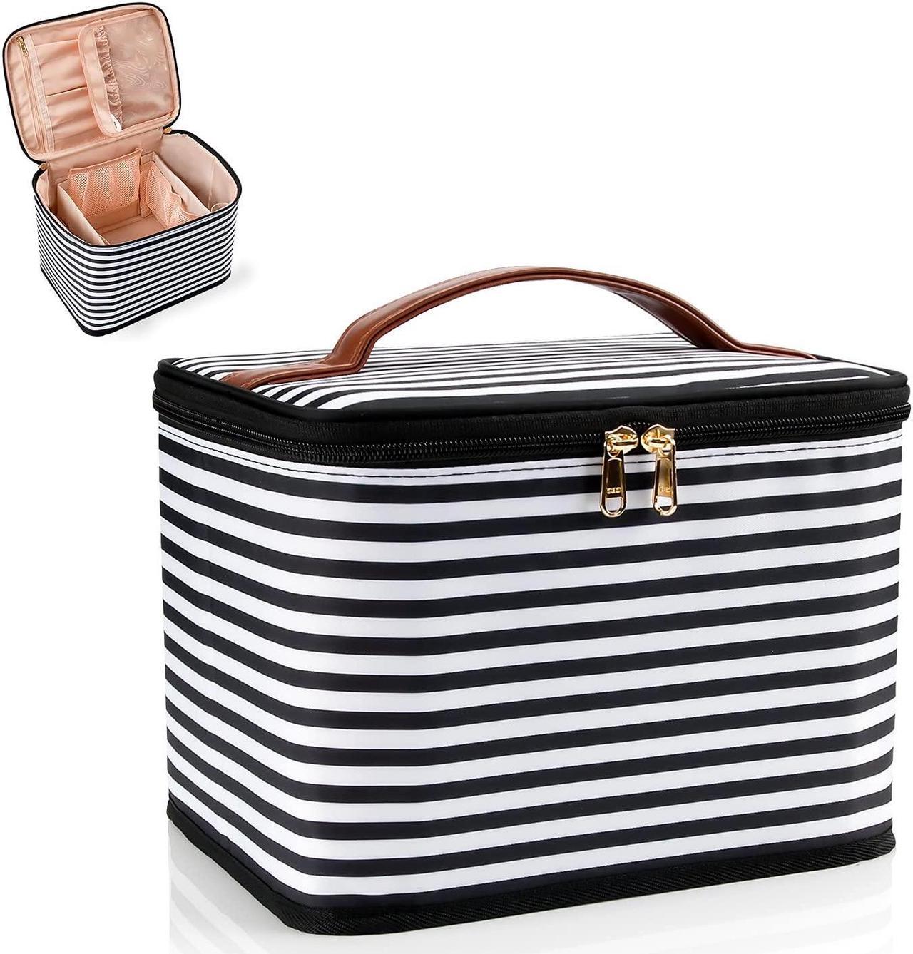 Main image of Makeup Bag Large Travel Makeup Bag Organizer Cosmetic Bags for Women Washable Make Up Bag Makeup Organizer Case with Dividers - Black/White Stripes
