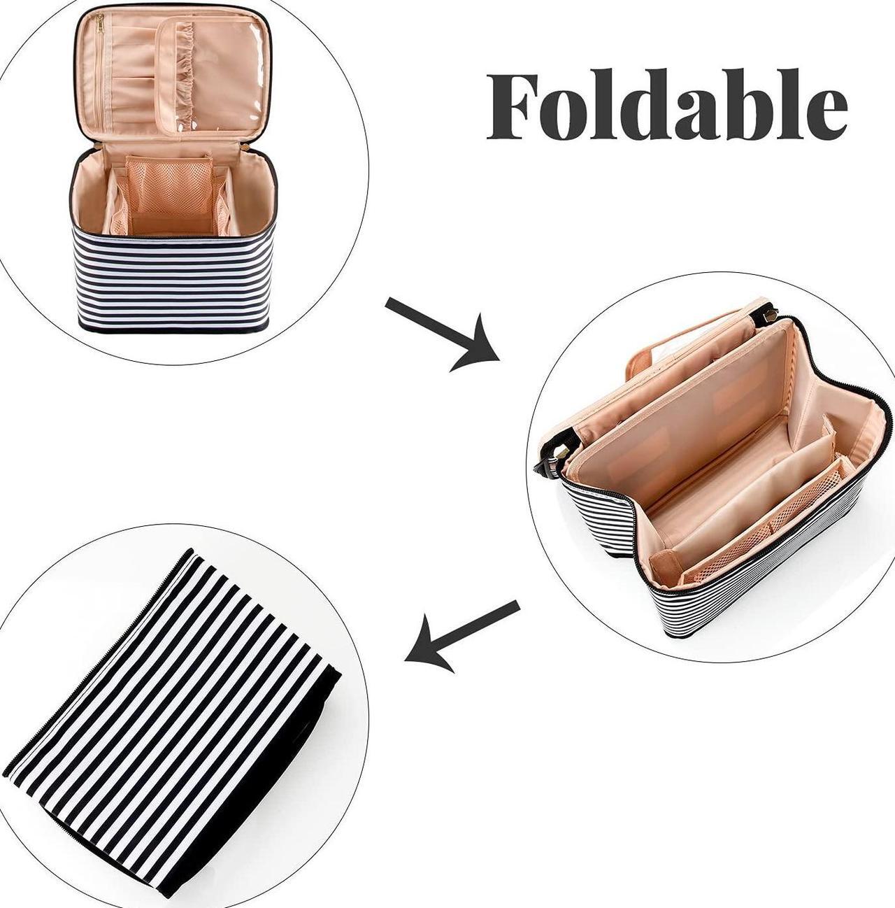 Alt view image 5 of 7 - Makeup Bag Large Travel Makeup Bag Organizer Cosmetic Bags for Women Washable Make Up Bag Makeup Organizer Case with Dividers - Black/White Stripes