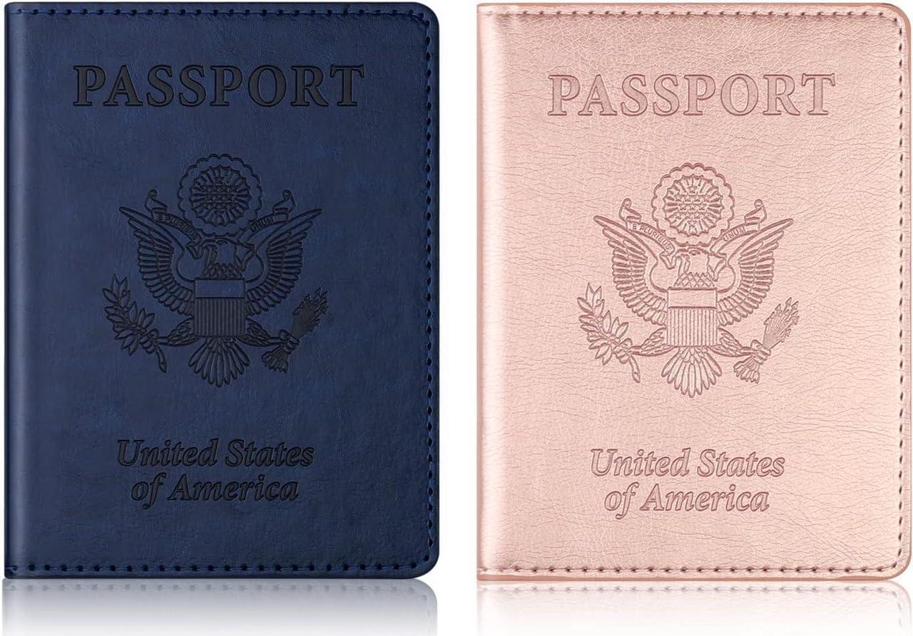 Main image of Passport Holder 2 Pack Passport and Vaccine Card Holder Combo Passport Holder with Vaccine Card Slot PU Leather Passport Cover Case for Women Men (Blue & Pink)