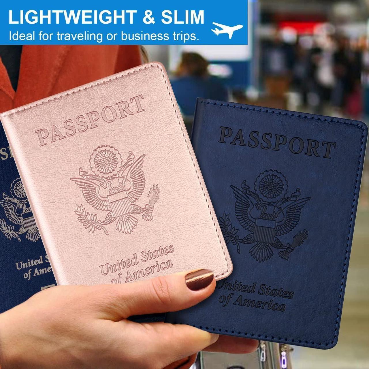 Alt view image 2 of 7 - Passport Holder 2 Pack Passport and Vaccine Card Holder Combo Passport Holder with Vaccine Card Slot PU Leather Passport Cover Case for Women Men (Blue & Pink)