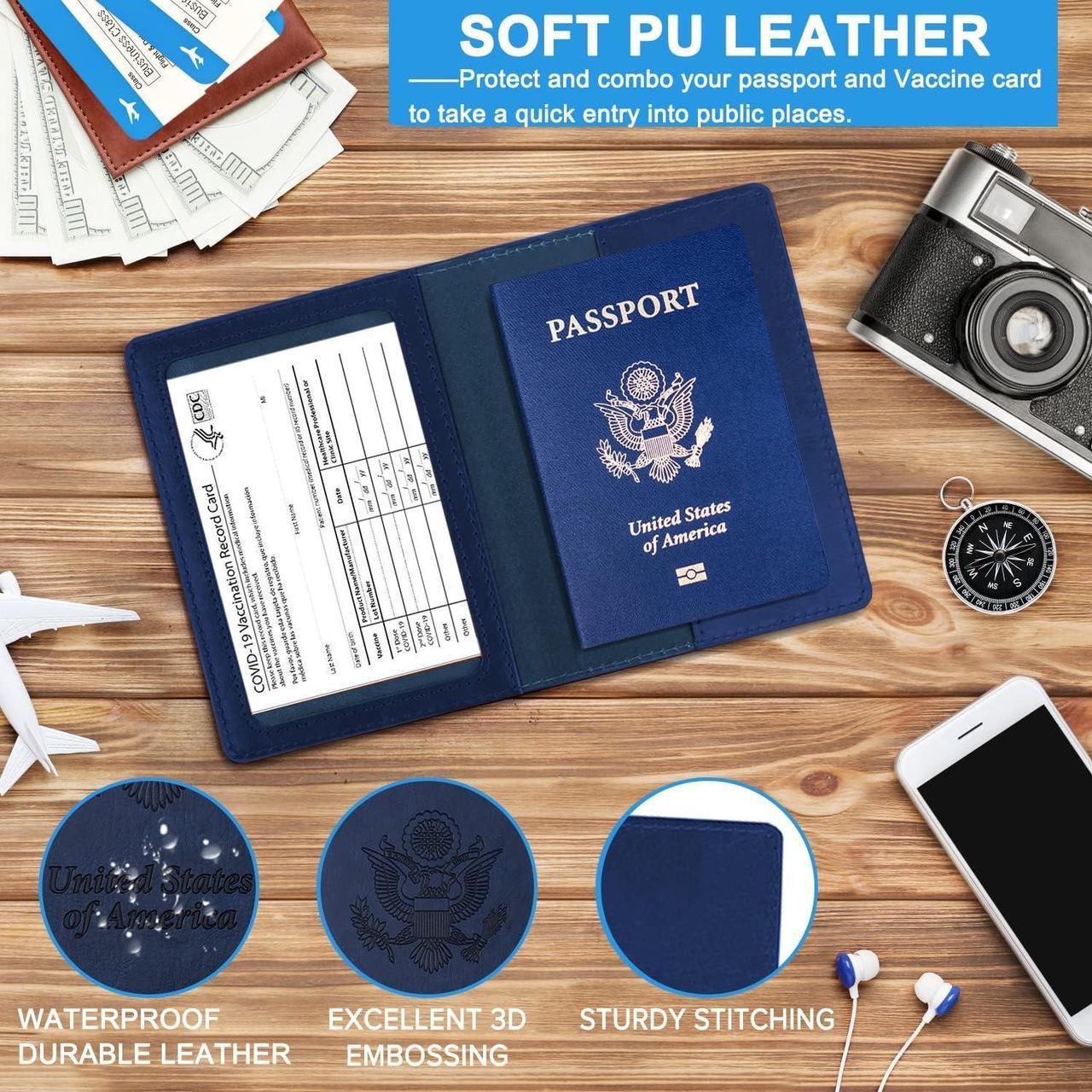 Alt view image 3 of 7 - Passport Holder 2 Pack Passport and Vaccine Card Holder Combo Passport Holder with Vaccine Card Slot PU Leather Passport Cover Case for Women Men (Blue & Pink)