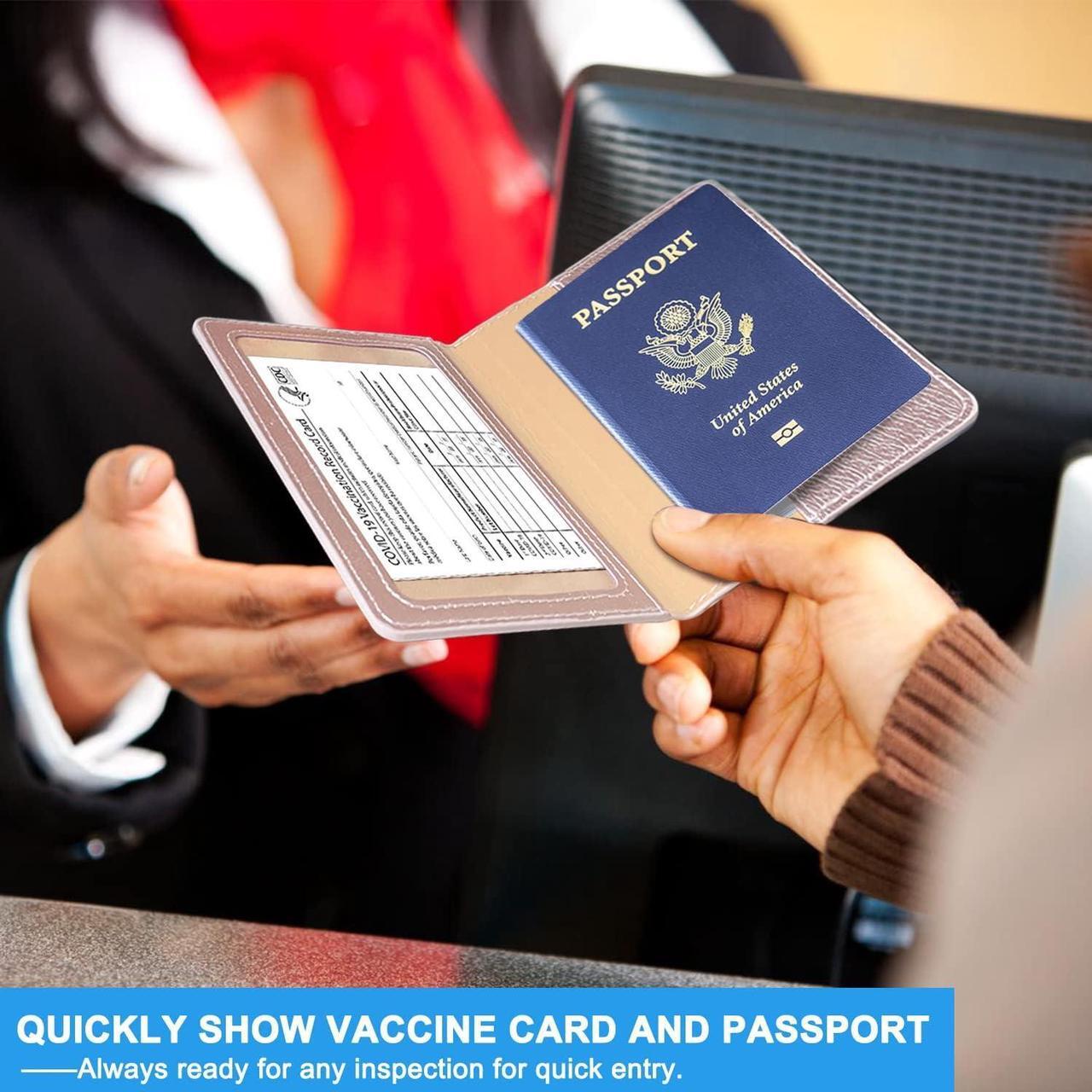 Alt view image 5 of 7 - Passport Holder 2 Pack Passport and Vaccine Card Holder Combo Passport Holder with Vaccine Card Slot PU Leather Passport Cover Case for Women Men (Blue & Pink)